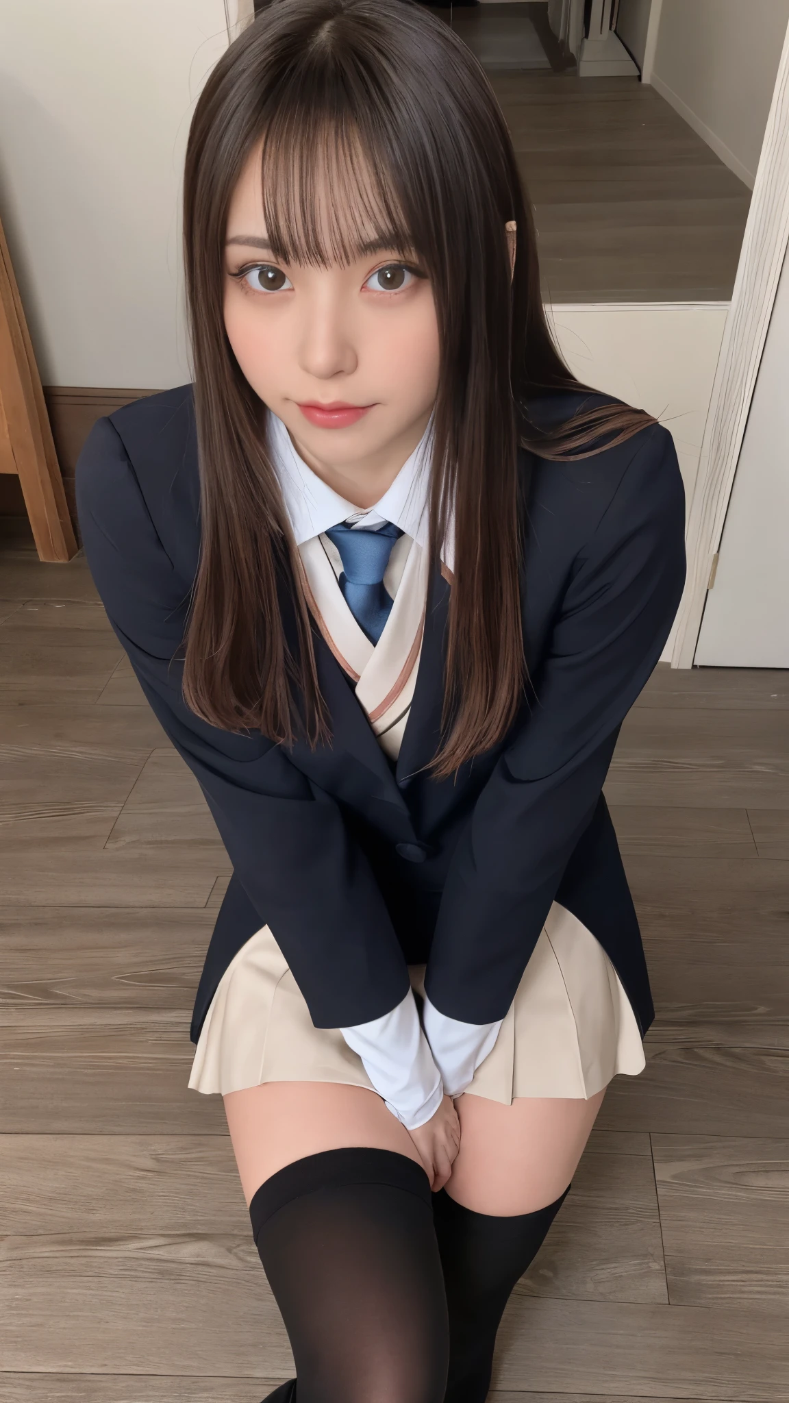 Photo taken by a professional photographer,Close up portrait of woman in skirt and knee-high boots, wearing a skirt and high socks, stockings and skirt, knee high socks, thigh high socks, over knee socks, thigh height, long and thin legs, mini skirt, wearing a skirt, surreal , japanese girl uniform, legs and thigh shots, very beautiful slim legs,
