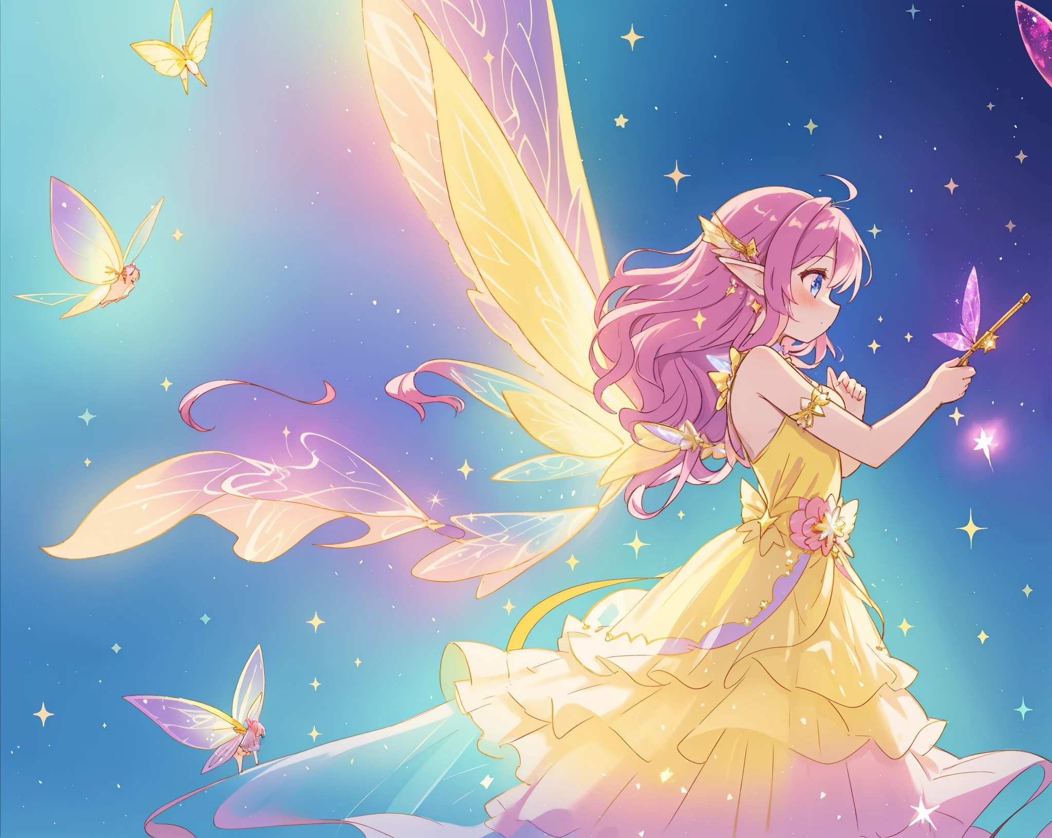 beautiful fairy girl in fluttering yellow dress, layered sparkling fairy dress, (huge sparkling pink fairy wings), long dark purple hair, fairy queen, ((magical colorful otherworldly background)), colorful fantasia background, (glowing fairy wings), glowing flowing ballgown, long hair, sparkling fairy wings, watercolor illustration, glowing aura around her, glowing lights, beautiful digital illustration, fantasia otherworldly background, beautiful, (masterpiece), best quality