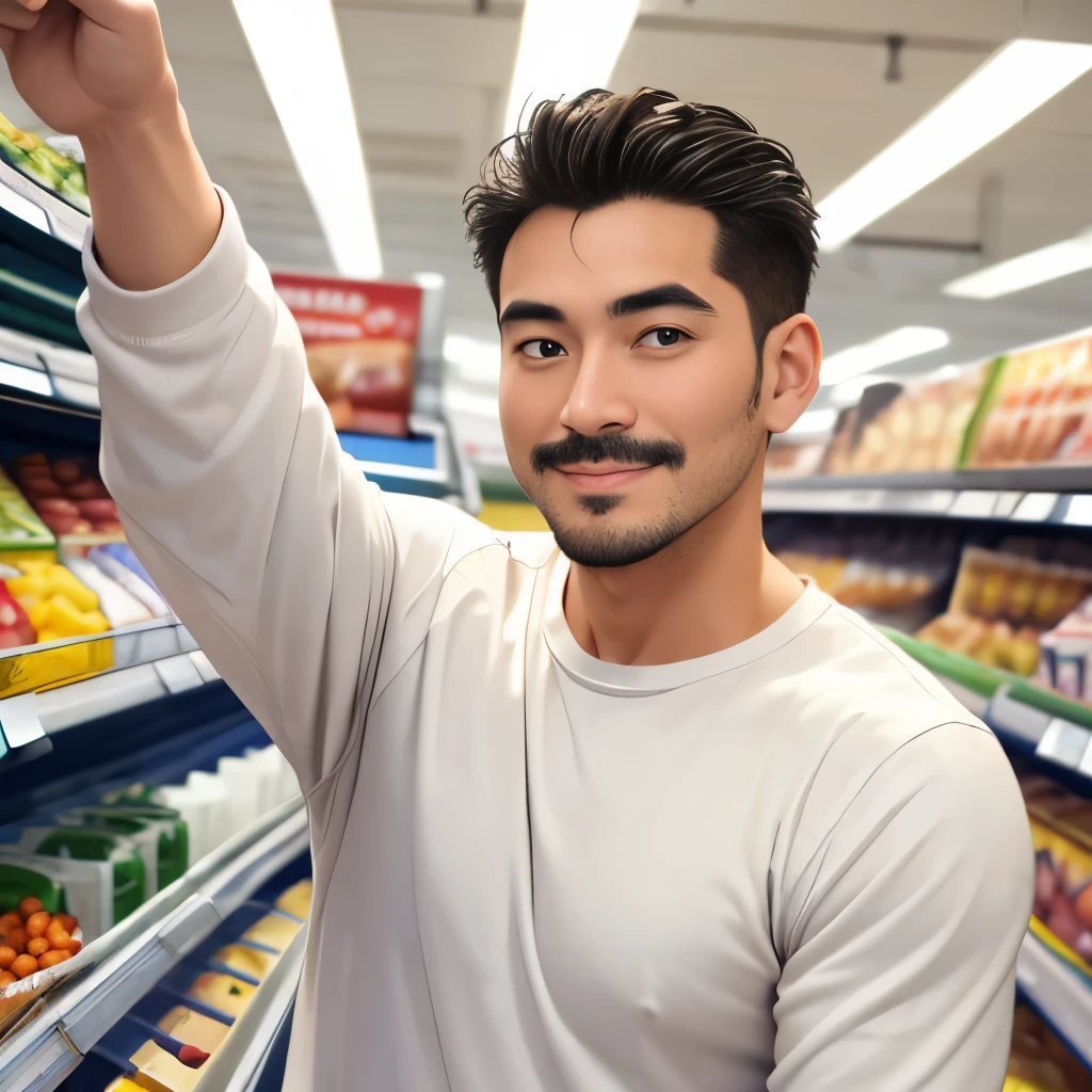 (highest quality:1.5), (masterpiece:1.5), (Inside the supermarket:1.1), Japanese, solo, hot guy, [brown mohawk:0.9], short mustache, (macho:1.2), 33 years old, Plain long sleeve white T-shirt, jeans, (shoot from front:1.3), Are standing, smile, looking at the camera, close-up face