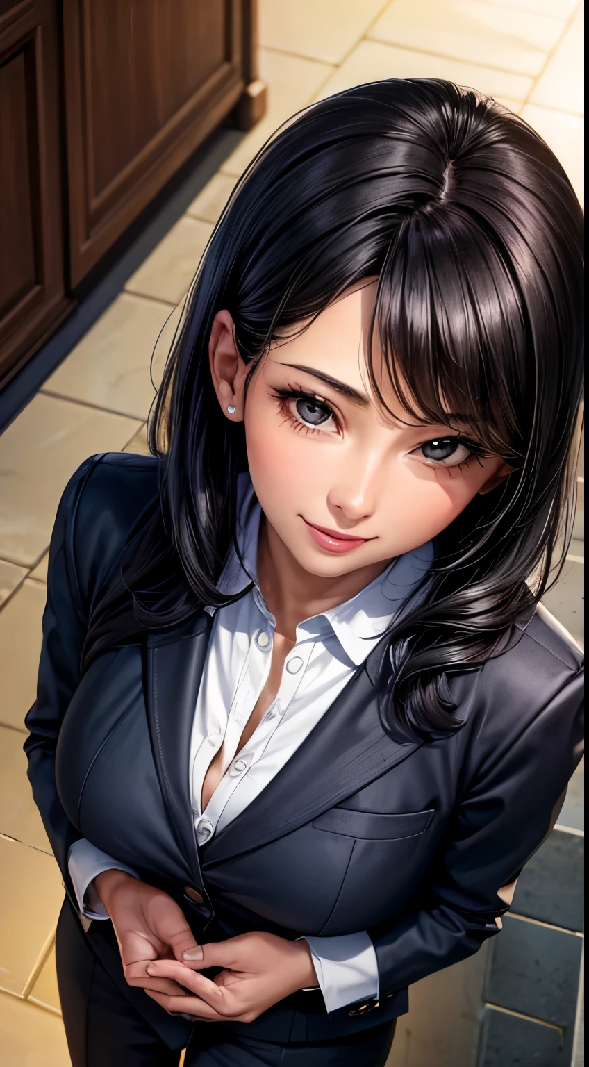 Woman, 30 years, adult, black hair, sexy lawyer, lawyer clothes, seductive smile, soft ligth, face detail, from above, fingers --style realistic-imagine -