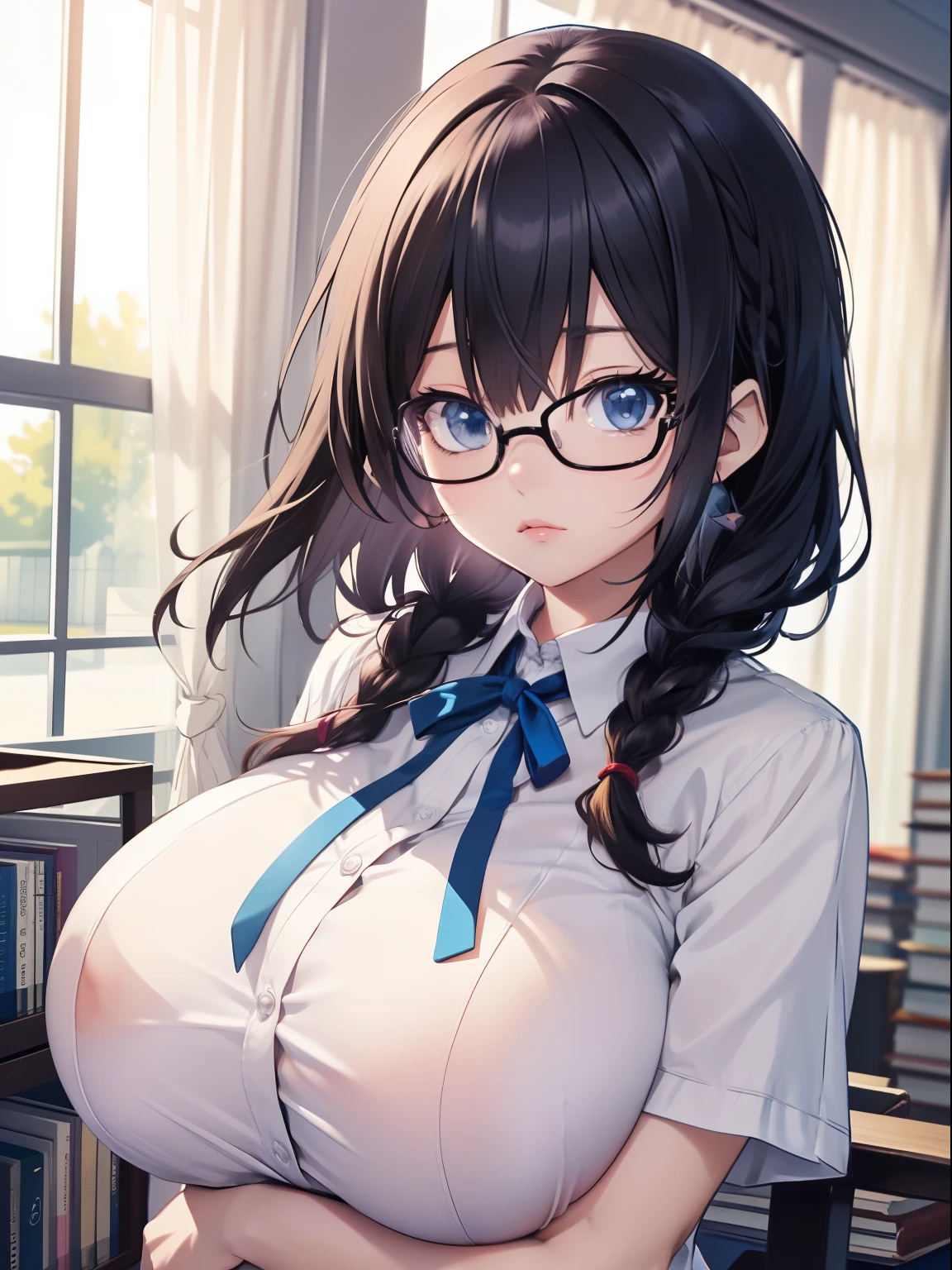 (highest quality, High resolution, perfect pixel, Depth of bounds written, 4K),
beautiful anime girl,
looking at the viewer,
perfect body,
(blush all over the face),
Braid, black glasses, black hair, blue eyes, (huge breasts:1.4),
white shirt, blue ribbon, short sleeve,
Library, Beige curtains, Wind,
focus breasts,