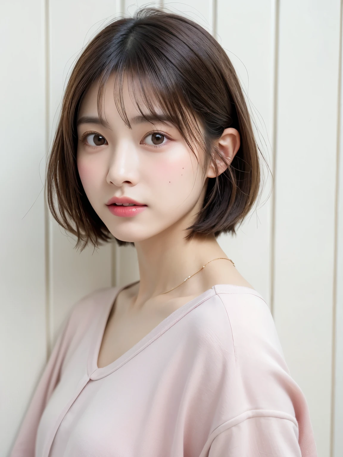 (highest quality、8K、32K、masterpiece、nffsw:1.2)、Photos of Japan women、shortcut、short hair、very short hair、Upper body、surface focus、simple necklace、simple background、From above、looking at the viewer、mix 4、(8K、Raw photo、highest quality、masterpiece:1.2)、(realistic、Photoreal:1.37)、1 girl、professional lighting、photon mapping、Physically based rendering、excellent image quality、High resolution、1080P、(clean face)、(Detailed facial description)、(detailed description of hands)、(Masseter muscle part)、(Detailed CG)、 masterpiece、rich details、(exquisite features)、(best image quality)、(masterpiece)、(detailed eye)、looking forward to your eyes、delicate clavicle、Versatile poses、Don'don't watch the mela、profile、white wall、Taken in front of the white door、(窓のあるwhite wallの部屋)、simple necklace、((pastel colored spring clothes、Long sleeve dresses))