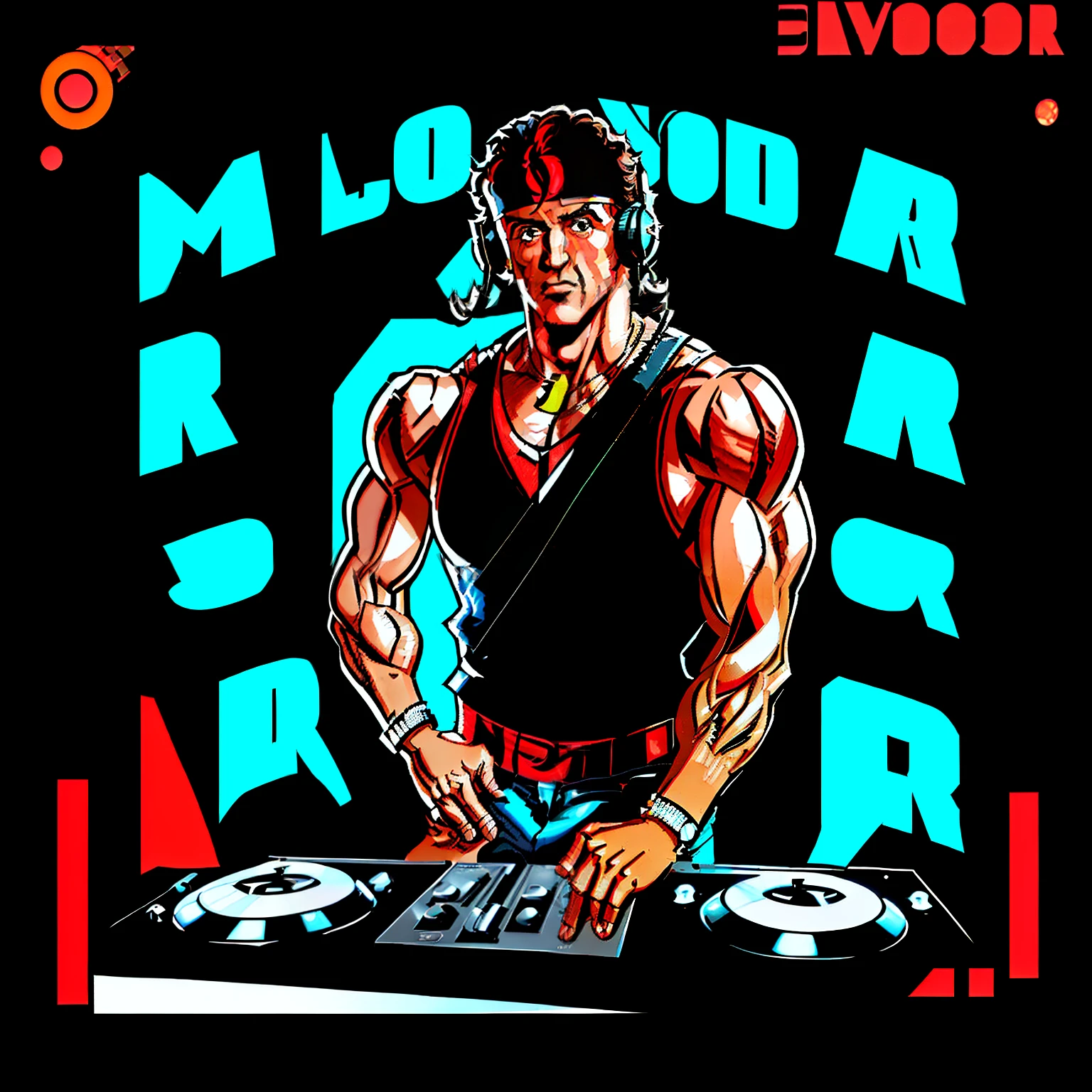 john rambo, looking at viewer, retro 90s style, DJ background, Sylvester Stallone, Rambo, as a DJ in a DJ booth , with headphones