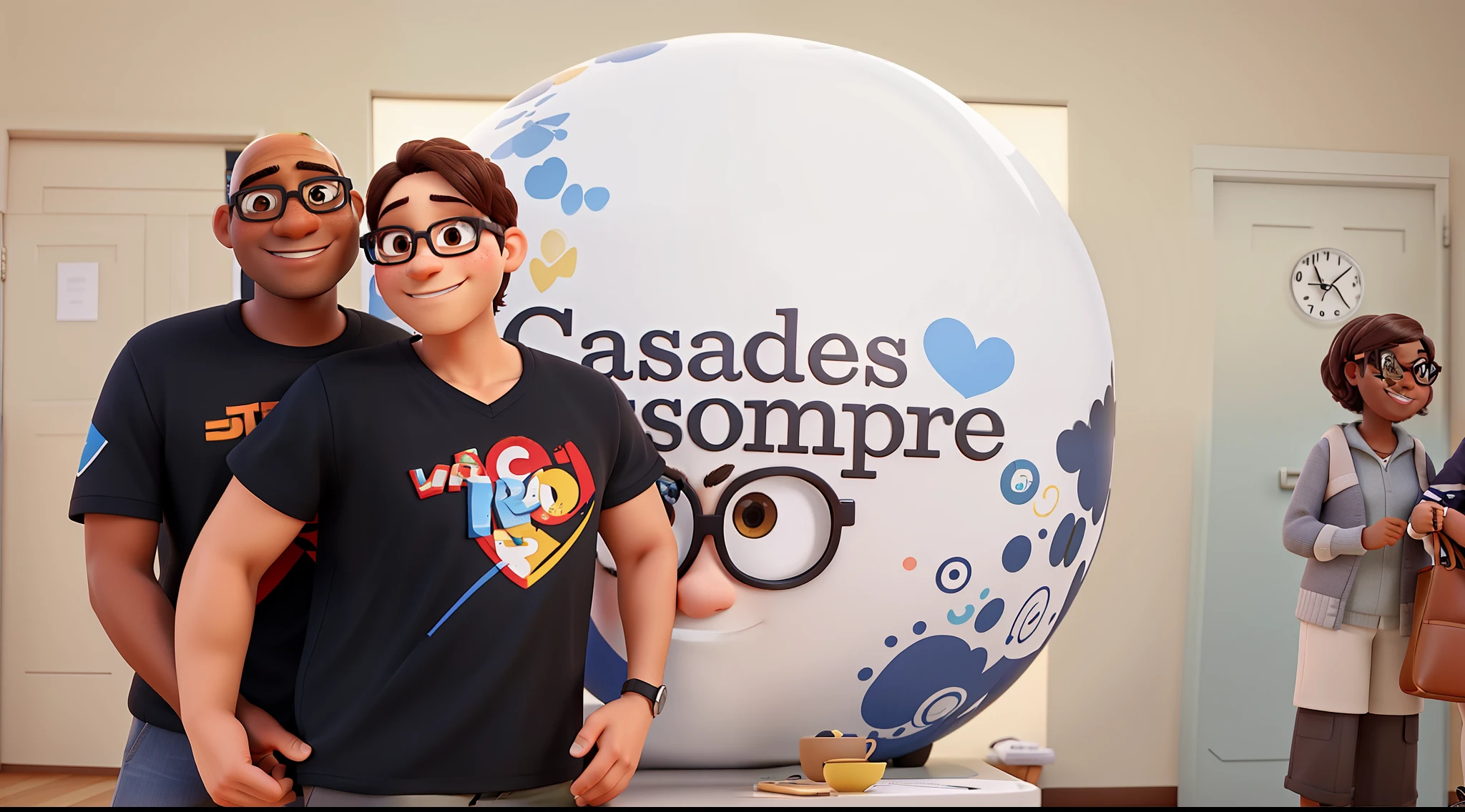 creates a 3D pixar style image of a couple the man is black, bald, wears glasses, the woman has short brown hair, white skin, wears glasses, they are hugging and happy looking at the camera
