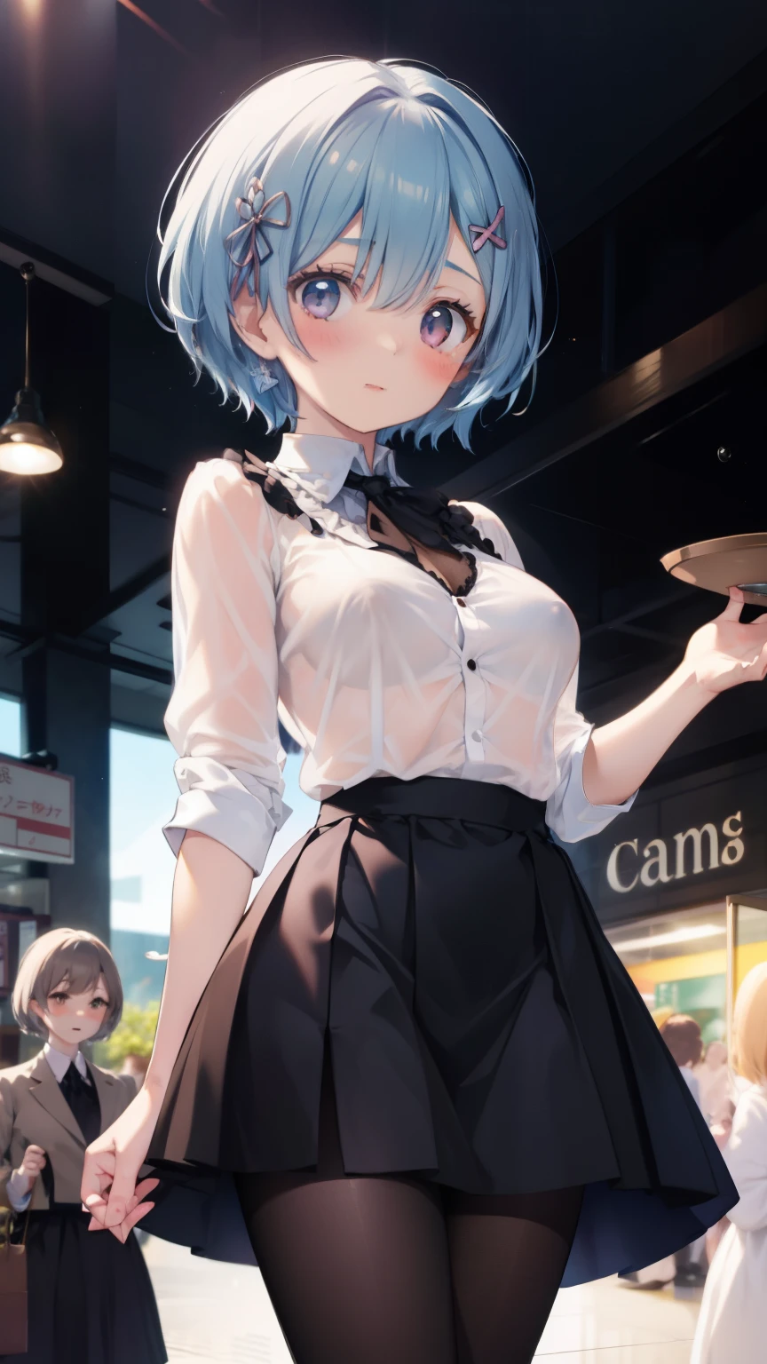 Rem of Rezero、blue hair、short hair、table top、High resolution、Lots of girls、multiple girls、large crowd、かわいいLots of girls、big and full breasts、naughty body、underwear only、See-through、pink lingerie、throw、、whole body、Are standing、Looking up at me、Confused face、blush、black pantyhose、female shape&#39;Private parts are clearly visible、I can see the nipples、white shirt、Navy checkered skirt、micro mini skirt、very short skirt、department store、The shops、Many people々、in the crowd、bare chest、show your chest、from below、Low - Angle、Holding the tray、put the chest on the tray、Breast milk comes out from the nipple