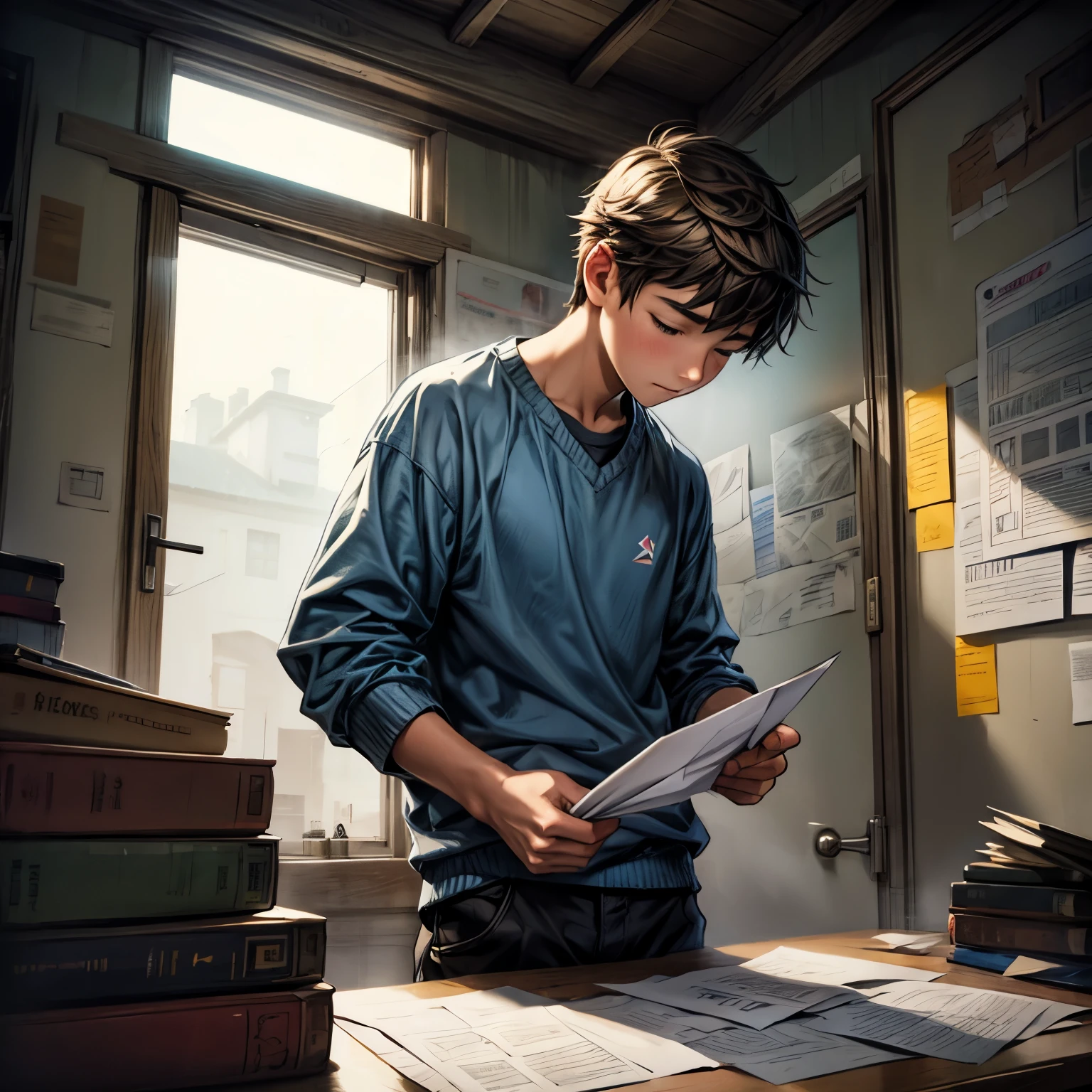 A scene of a boy carefully folding paper airplanes