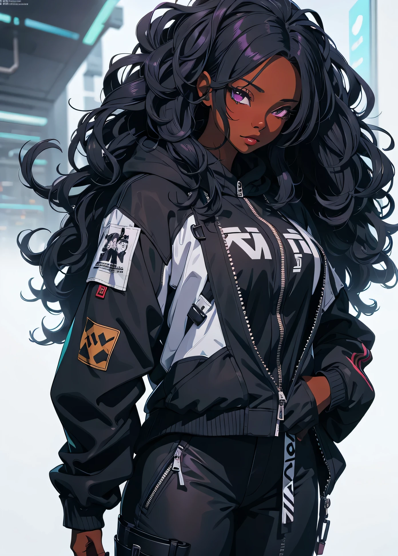 a woman with long black hair wearing a pink jacket and pants, African American skin, girl fanart, she is wearing streetwear, detailed anime character art, highly detailed character design, in style of digital illustration, anime style character, high quality character design, anime style illustration, cyberpunk anime girl in hoodie, purple long curly hair, rossdraws | afrofuturism