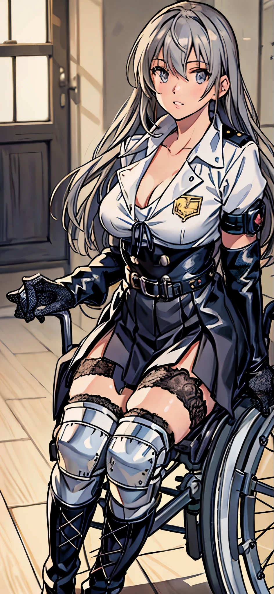 (highest quality,4K,8K,High resolution,table top:1.2), Super detailed, (realistic,photorealistic,photo-realistic:1.37), ((full body)),sickly beautiful girl, sad,I was surprised,((gray hair color)),((long hair)), ((riding a wheelchair)),((row a wheelchair)),((hair above the eyes)),((high-school-uniform)),((blouse)),((ribbon)),((skirt)),((wear black open finger gloves)),((black lace-up long boots)),((knee pads)),((braces in legs)),espadrilles,beautiful and detailed eyes, beautiful detailed lips, highly detailed eyes and face, long eyelashes, realistic anime 3D style, Smooth anime CG art, Digital rendering by Makoto Shinkai, Moe anime art style, photorealistic rendering of an anime girl, Shinkai Makoto style, Cute anime girl visuals, realistic young anime girl, girl fan art, Created by Anime Artist&#39;studio of.