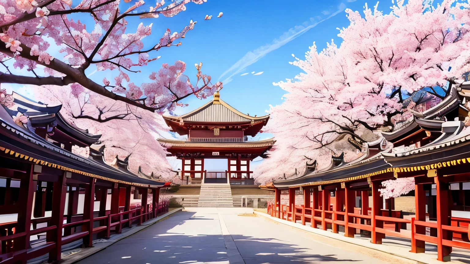 Beautiful temple scene, spring, cherry blossoms, 16:9 ratio image,  main color is red, [[ temple goers ]]
