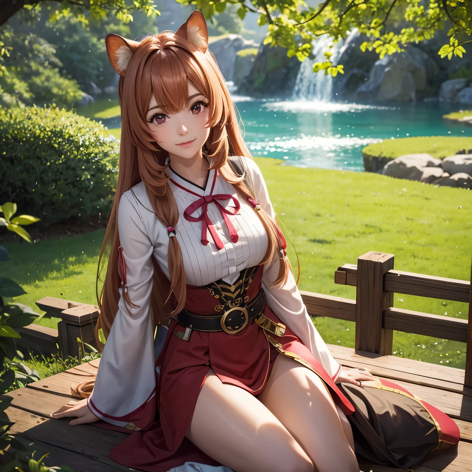 Raphtalia. beautiful woman 21 years old light skin detailed . ojos rojos brillantes. orejas de animal redondas , pechos muy grandes. rubor, rostro hermoso. sonrisa feliz, disfraz guerrea chinacolor rojo, pink flower shaped belt, pechos enormes. japanese garden background. escote. alta calidad, obra maestra orejas de animal, escote