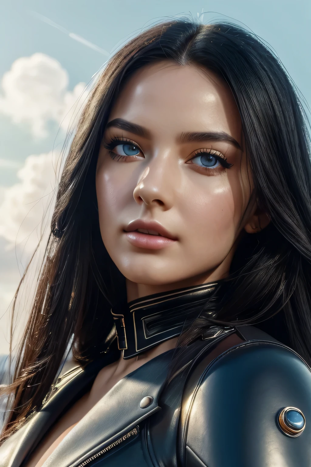 (Mejor calidad,4k,high resolution,obra maestra:1.2),ultra detallado,Realista, HDR, Colores vibrantes, pelo largo y negro, rasgos faciales detallados, ojos bonitos, labios detallados, moda futurista, Traje de cuero negro, Mirando al horizonte, pastel peach and clear blue sky, nubes blancas, Soft lighting