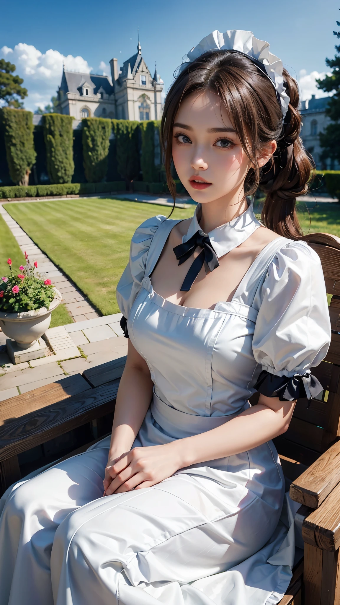 ( highest quality、8K、masterpiece、realistic：1.3 )、 1 woman、( A garden with a classical and prestigious castle in the background )、( Very high quality deep background : 1.2)、natural light、brown hair tied up、beautiful woman with perfect figure: 1.4、Highly detailed face and skin texture、detailed eyes、double eyelid、very far away : 1.2 、I can see the whole body、white and black maid、White maid headband、ruffle blouse、ribbon tie、apron、high heels 、