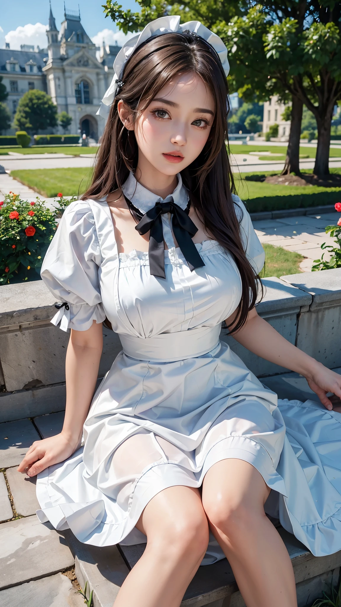 ( highest quality、8K、masterpiece、realistic:1.3 )、 1 woman、( A garden with a classical and prestigious castle in the background )、( Very high quality deep background : 1.2)、natural light、brown hair tied up、beautiful woman with perfect figure: 1.4、Highly detailed face and skin texture、detailed eyes、double eyelid、very far away : 1.2 、I can see the whole body、white and black maid、White maid headband、ruffle blouse、ribbon tie、apron、high heels 、
