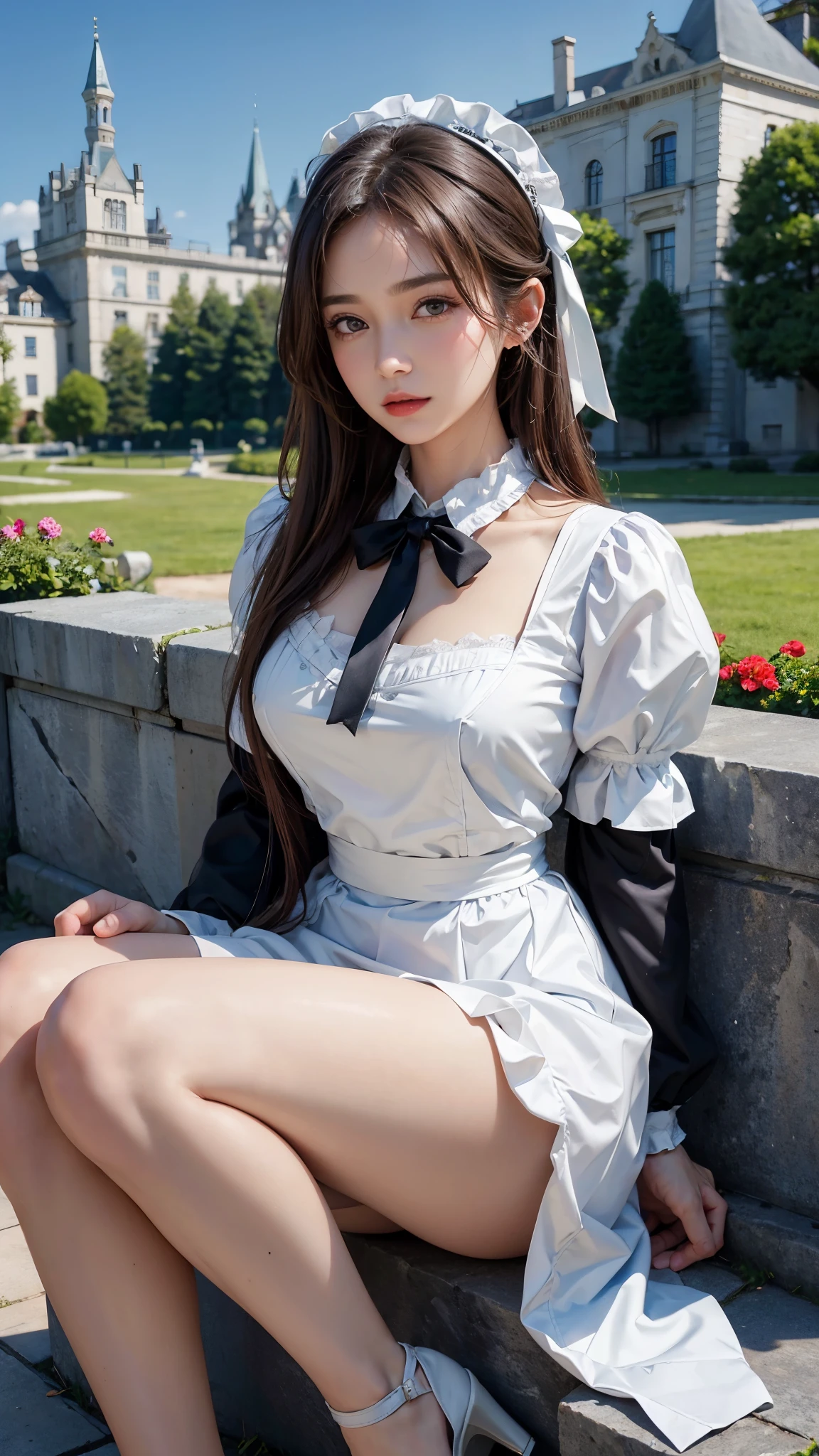 ( highest quality、8K、masterpiece、realistic:1.3 )、 1 woman、( A garden with a classical and prestigious castle in the background )、( Very high quality deep background : 1.2)、nature bright sunlight、blue sky、smile、brown hair、hair blowing in the wind、beautiful woman with perfect figure: 1.4、Highly detailed face and skin texture、detailed eyes、double eyelid、very far away : 1.2 、whole body : 1.2、white and black maid、White maid headband、ruffle blouse、ribbon tie、apron、high heels 、( lie on your back on the grass: 1.5 )、Show off your cleavage。very big breasts。Lace panties : 1.4