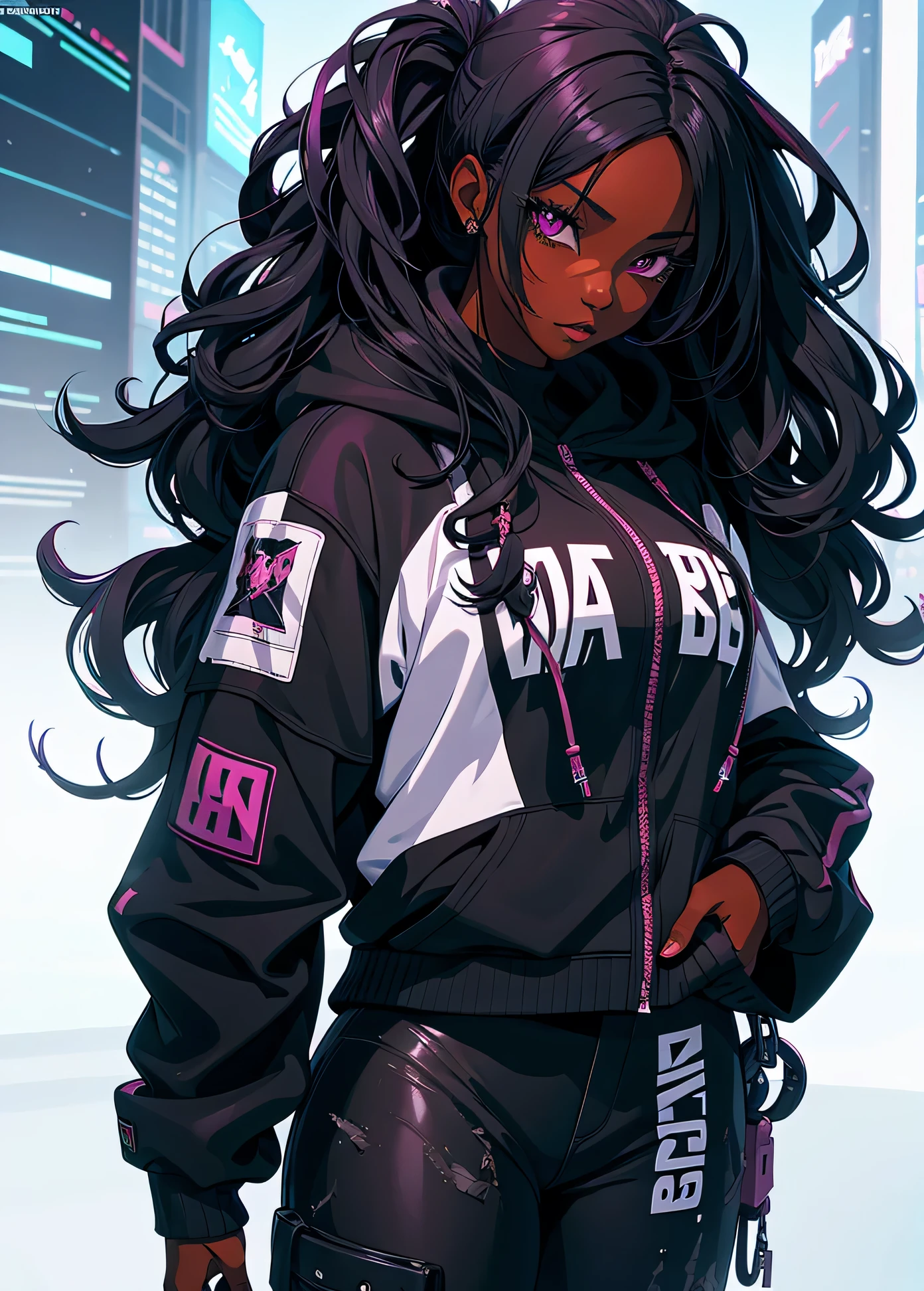 a woman with long black hair wearing a pink jacket and pants, African American skin, girl fanart, she is wearing streetwear, detailed anime character art, highly detailed character design, in style of digital illustration, anime style character, high quality character design, anime style illustration, cyberpunk anime girl in hoodie, purple long curly hair, rossdraws | afrofuturism