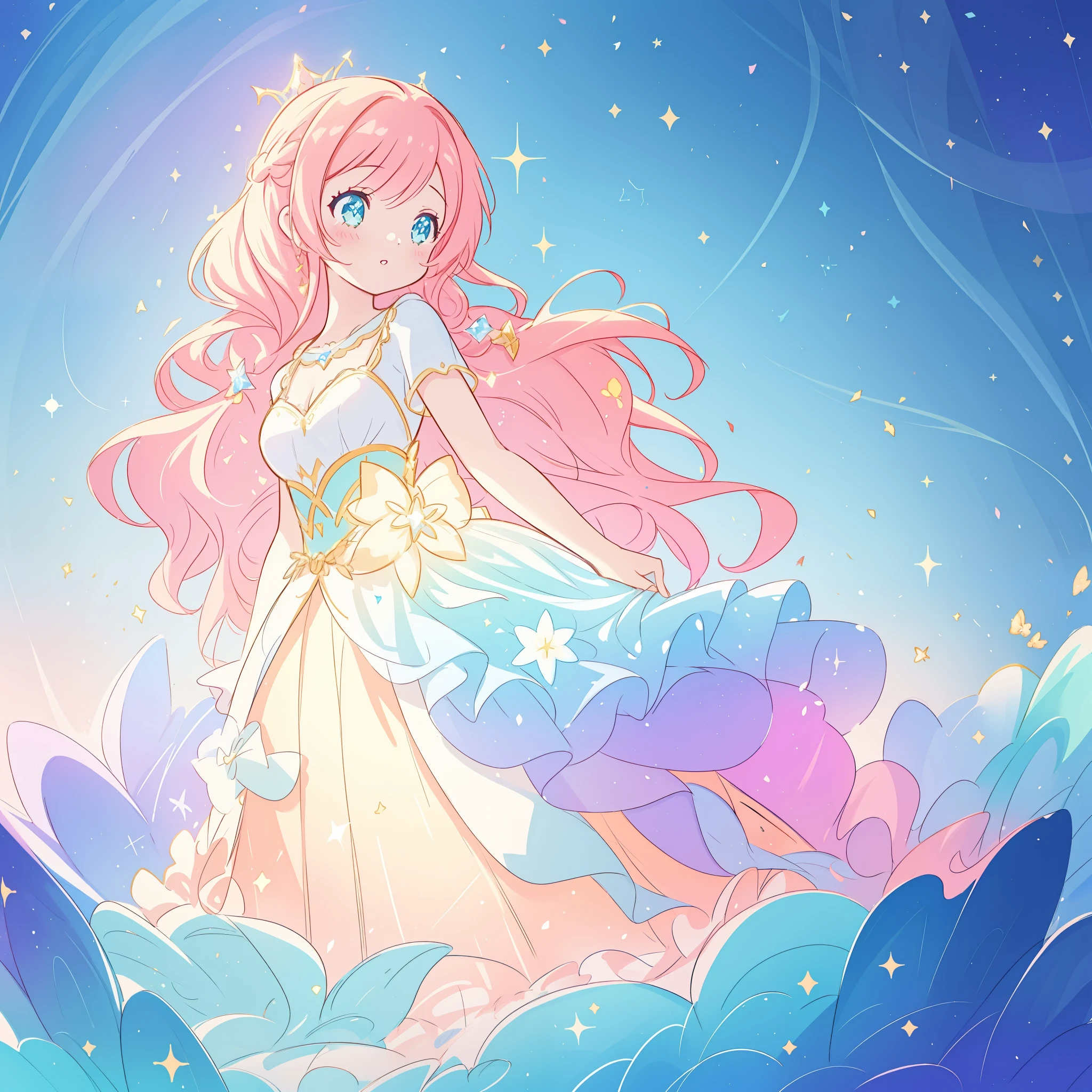 beautiful girl, puffy tiered ballgown, vibrant pastel colors, (colorful), glowing golden long hair, magical lights, sparkling magical liquid, inspired by Glen Keane, inspired by Lois van Baarle, disney art style, by Lois van Baarle, glowing aura around her, by Glen Keane, jen bartel, glowing lights! digital painting, flowing glowing hair, glowing flowing hair, beautiful digital illustration, fantasia background, whimsical, magical, fantasy, ((beautiful face)), ((masterpiece, best quality)), intricate details, highly detailed, sharp focus, 8k resolution, sparkling detailed eyes, liquid watercolor
