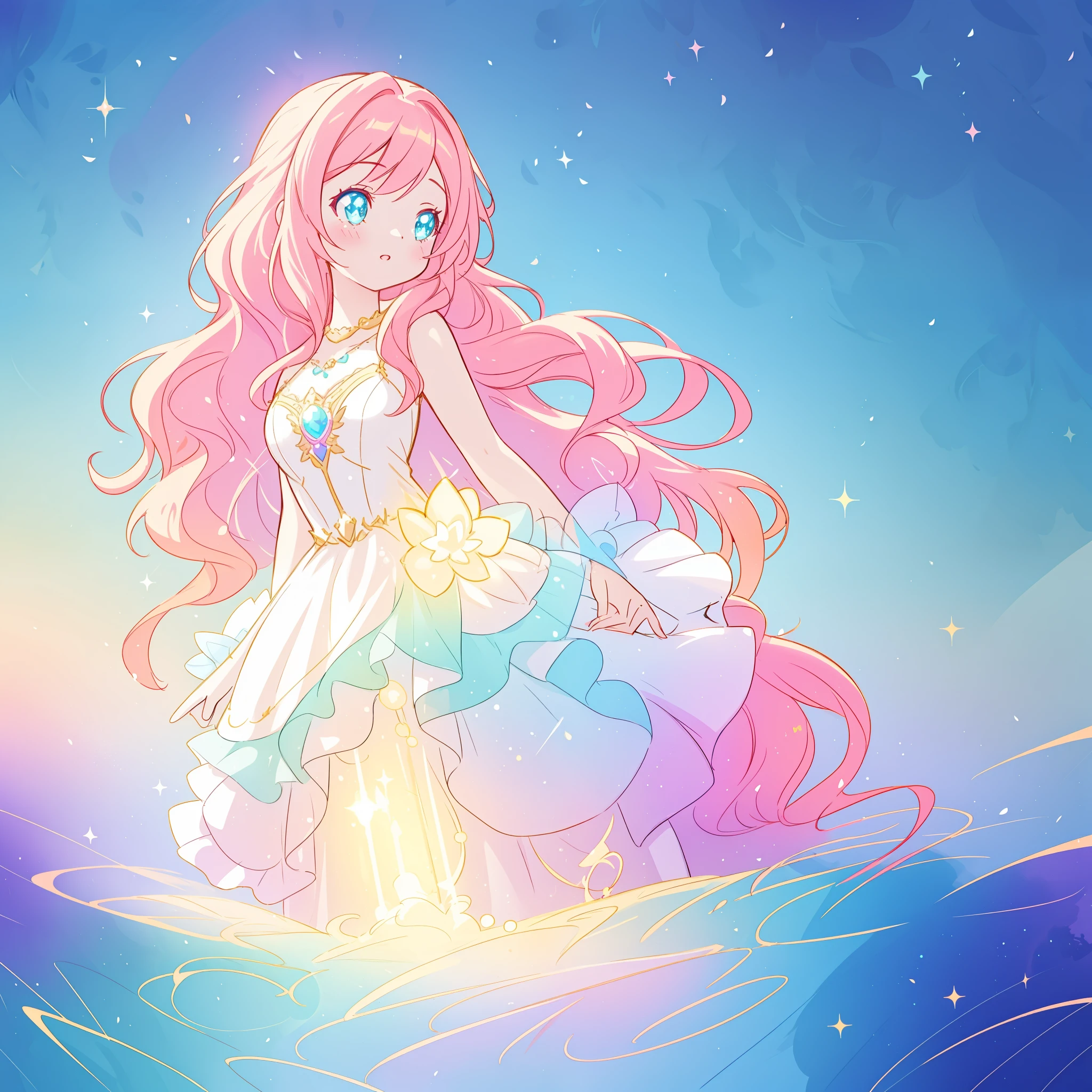 beautiful girl, puffy tiered ballgown, vibrant pastel colors, (colorful), glowing golden long hair, magical lights, sparkling magical liquid, inspired by Glen Keane, inspired by Lois van Baarle, disney art style, by Lois van Baarle, glowing aura around her, by Glen Keane, jen bartel, glowing lights! digital painting, flowing glowing hair, glowing flowing hair, beautiful digital illustration, fantasia background, whimsical, magical, fantasy, ((beautiful face)), ((masterpiece, best quality)), intricate details, highly detailed, sharp focus, 8k resolution, sparkling detailed eyes, liquid watercolor