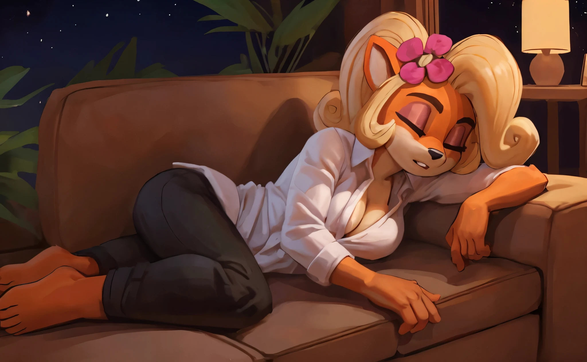 [Coco bandicoot], [Uploaded to e621.net; (Pixelsketcher), (wamudraws)}, ((masterpiece)), ((HD)), ((solo portrait)), ((full body)), ((front view)), ((furry; anthro)), ((detailed fur)), ((detailed shading)), ((beautiful render art)), ((feet visible)), ((intricate details)), {anthro; orange fur, black nose, (both eyes closed), (short eyelashes), (pink eyeshadow), blonde curly hair, curly ponytail, (curvy hips), (beautiful feet), (drooling from mouth), (sleeping expression)}, {(white buttoned shirt), (pink bra under shirt), (cleavage), (tight black pants), (pink flower in hair)}, {(laying on couch), (laying on side), (sleeping)}, [background; (tropical forest), (living room), (lamp), (window), (nighttime), (starry sky), (ambient lighting)]