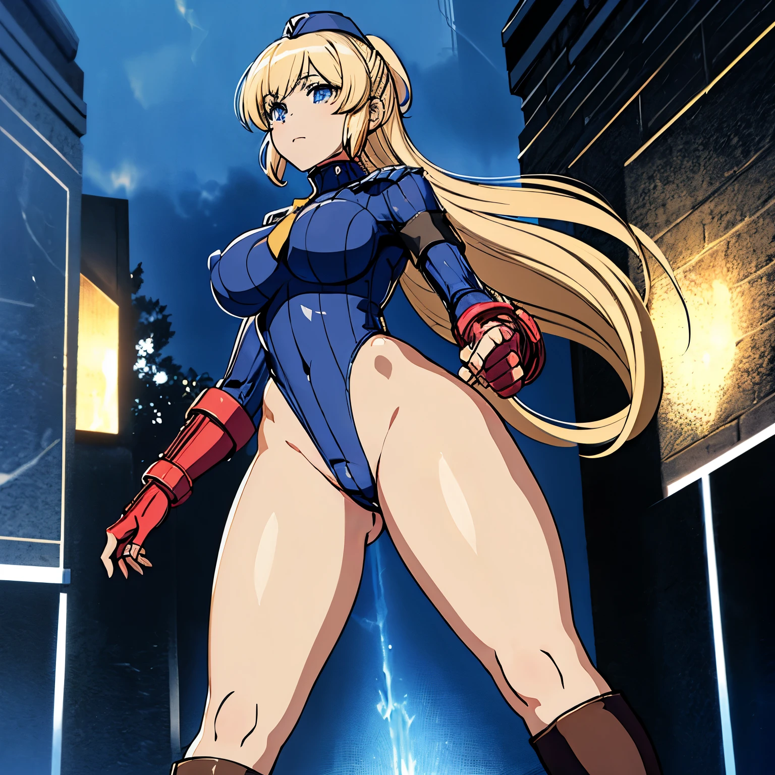 ultra-detailed, Explicit, Beautiful body, Beautiful Nose, Beautiful character design, perfect eyes, perfect face, ultra highres, 4K, beautiful legs, perfect legs, Nice hands, Perfect hand, Masterpiece, Best Quality, Highly detailed, illustration, absurdres, perfect anatomy, street fighter, doll suit, shadaloo doll, dollsuit, expressionless, blank eyes, looking at viewer, red gloves, emotionless, black latex, corrution, mind control, female combatant, full body, hypnotized, unhappy trance, full body suit, ribbed bodysuit, both arms at side, obey, perfect female body, extremely glossy latex, hypnosis, hypnoLora, empty eyes, Mind control device, poses, submissive_pose, Slave, stand up straight, standing, standing at attention, hat, necktie, belt, latex, ribbed bodysuit, thighhighs, garter belt, Fighting Stance, extending the right arm from the shoulder into the air with a straightened hand, military, thigh boots, 1girl, hair ornaments, blonde hair, long hair, blue eyes, (((pixel-perfect, detail-perfect))), solo, 1girl, Yuinshiel Asteria, Regalia: The Three Sacred Stars, raise arm