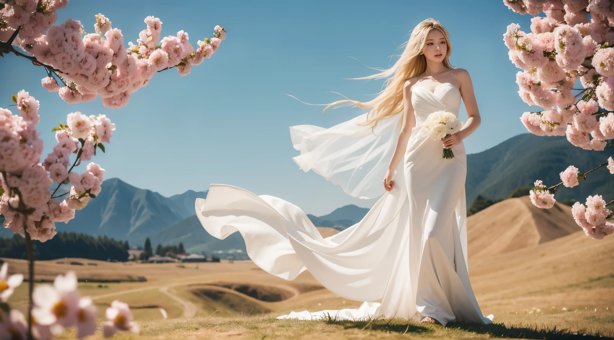 (best quality, masterpiece), 1 girl, white wedding, blonde, posture, flower, wind, simple background