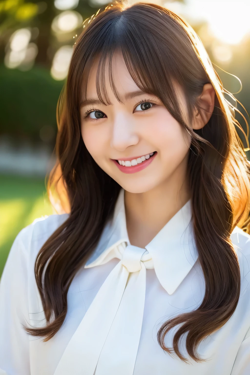 (highest quality, 8K, 32K, masterpiece, UHD:1.2),hyper detail hair,かわいいjapanese girlの写真,1 girl,18-year-old,japanese girl,(young:1.5),,white shirt,bow tie, (please reconsider:1.2), evening, sunburst, ((smile:1.2)),