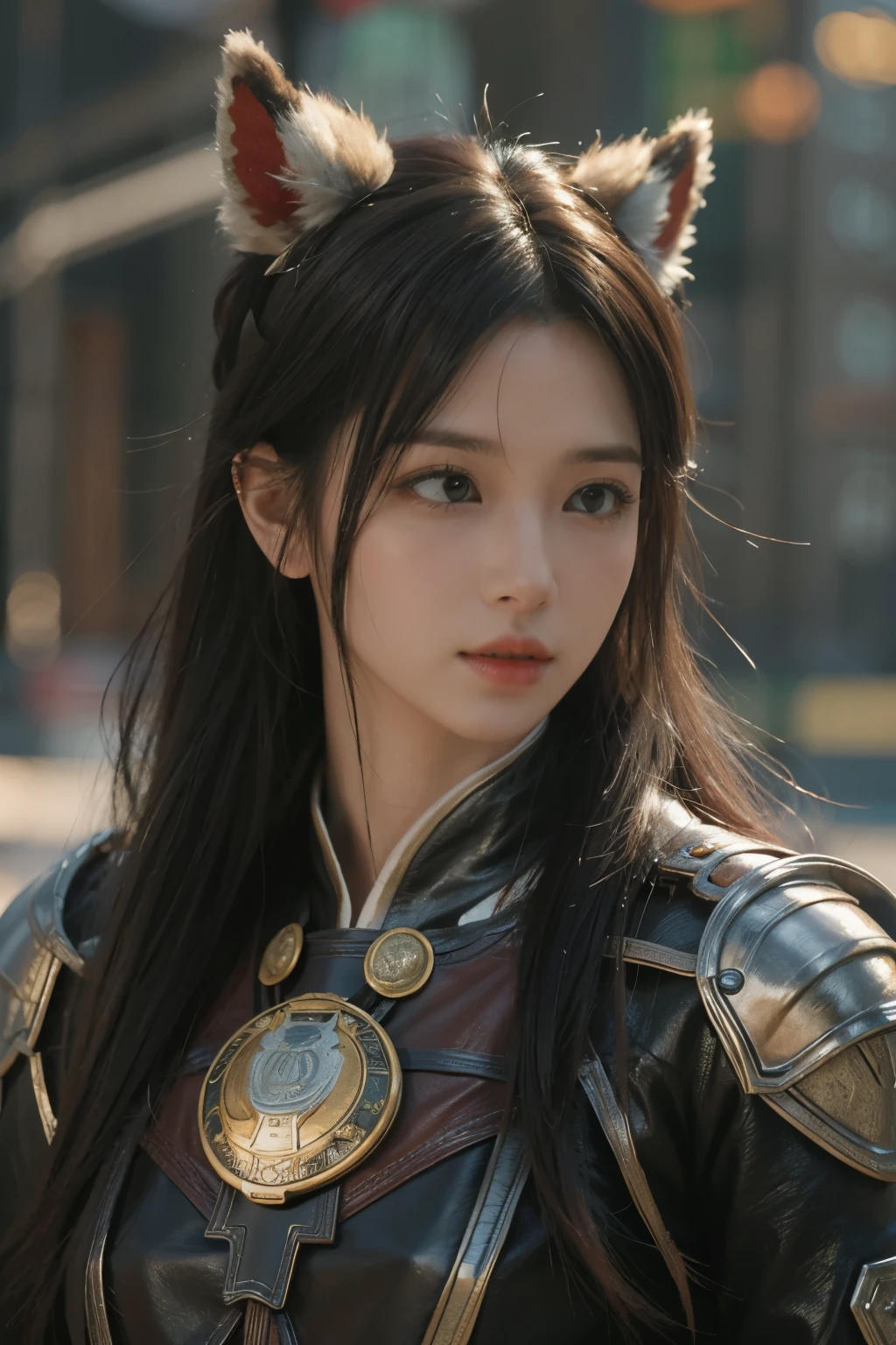 Game art，The best picture quality，Highest resolution，8K，(A bust photograph)，(Portrait)，(Head close-up)，(Rule of thirds)，Unreal Engine 5 rendering works， (The Girl of the Future)，(Female Warrior)， 
20岁少女，((Hunter))，An eye rich in detail，(Big breasts)，优雅高贵，冷漠，勇敢的，
（Medieval-style fur combat clothing，Glowing magic lines，Animal skin clothing with rich details），Medieval Lady Knight，Medieval ranger，
拍照姿势，简单背景，Movie lights，Ray tracing，Game CG，((3D Unreal Engine))，oc渲染反射纹