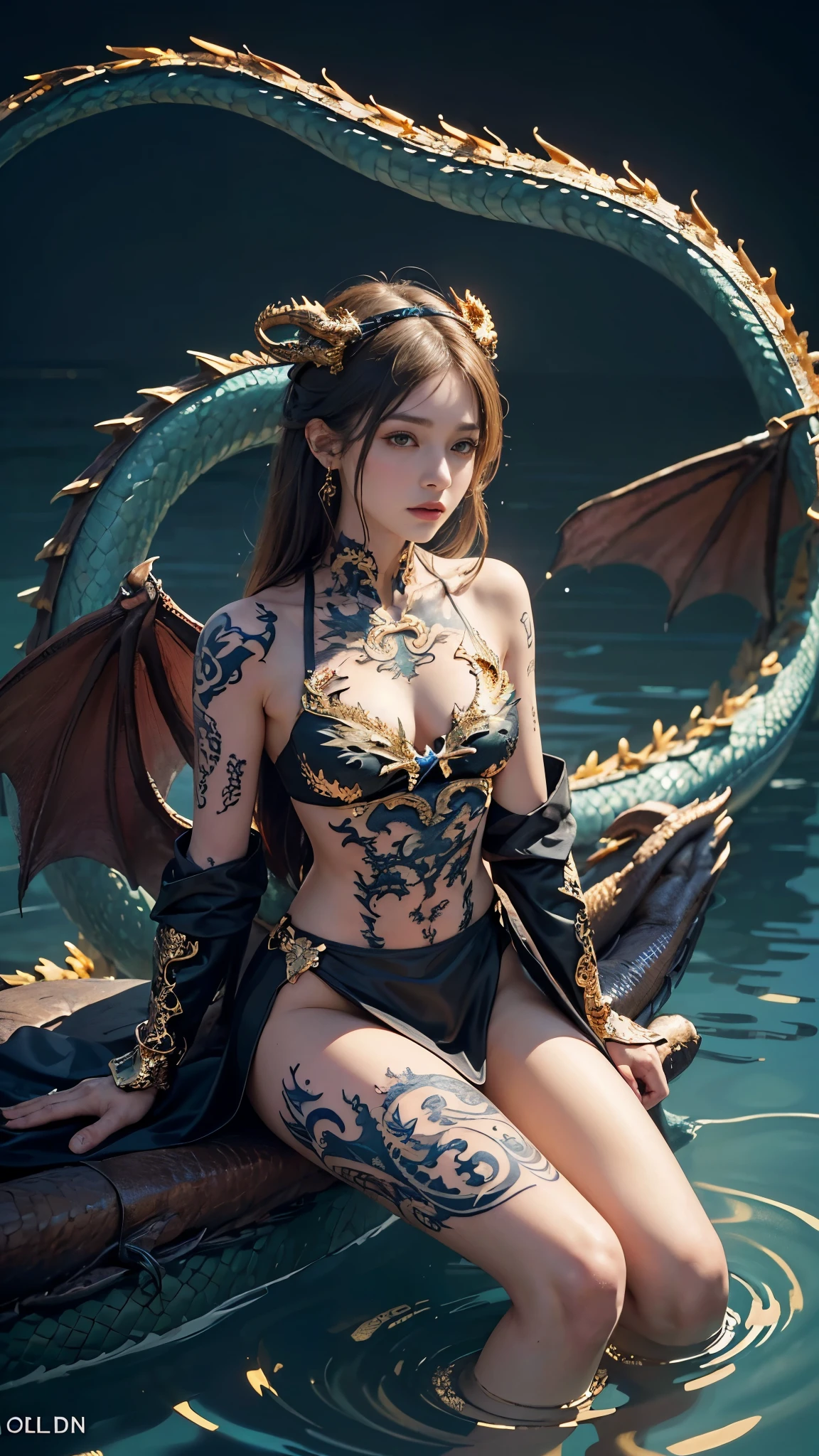 8K, ultra HD, masterpiece, 1 girl, good face, very long hair, detailed eyes, small Curved figure, (dragon outfit golden:1.5), (bare shoulder:1), (tattoo:1.5), (straps:1.2), water, (perfect body:1.5), sitting,