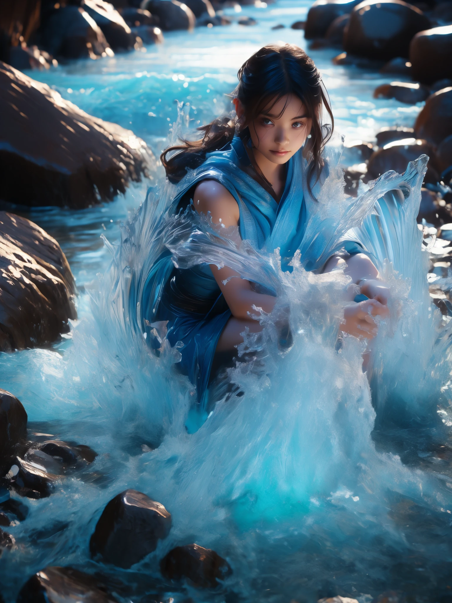 (Top Quality, 8K, High Resolution, masterpiece:1.2), ultra-detailed, realistic, physically based rendering, HDR, colorful lighting, A girl squatting in a stream and splashing water on herself, full body, from below, splash, fractal art, wet body, summer