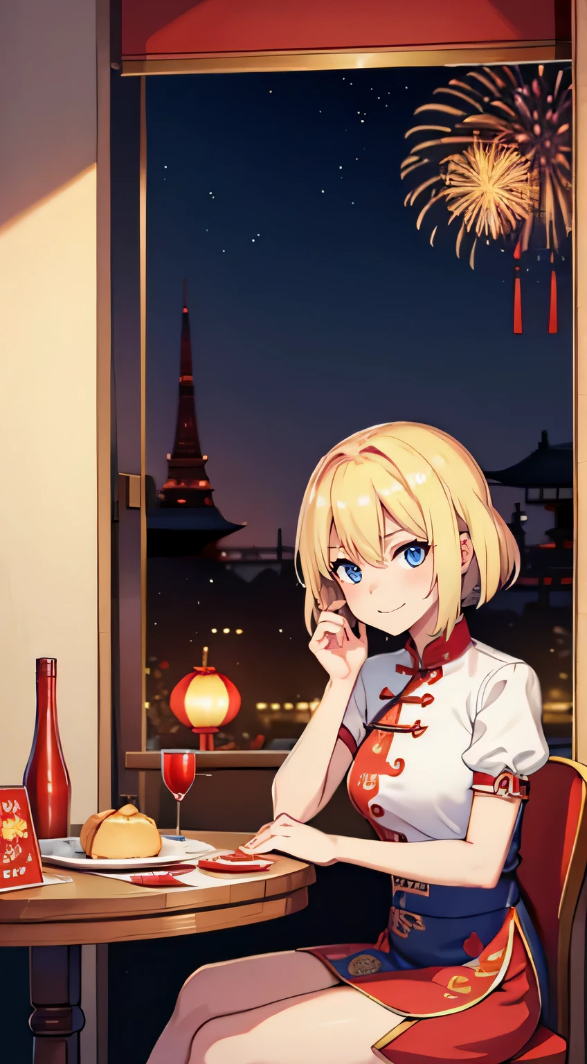 alice magtroyd,Chinese new year style background, happy, elegant, Sit at the table, food on the table, Fireworks outside the window, charming女孩, charming, blond
