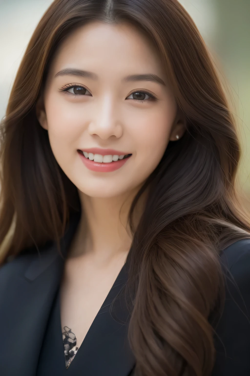 highest quality, realistically, Super detailed, Fine pubic hair, High resolution, 8k wallpaper, 35 year old beautiful woman,light brown messy hair, wear a dark suit, lock focus, perfect dynamic composition, beautiful eyes, delicate hair, 细致realistically的皮肤纹理, smile, close-up portrait, model body shape