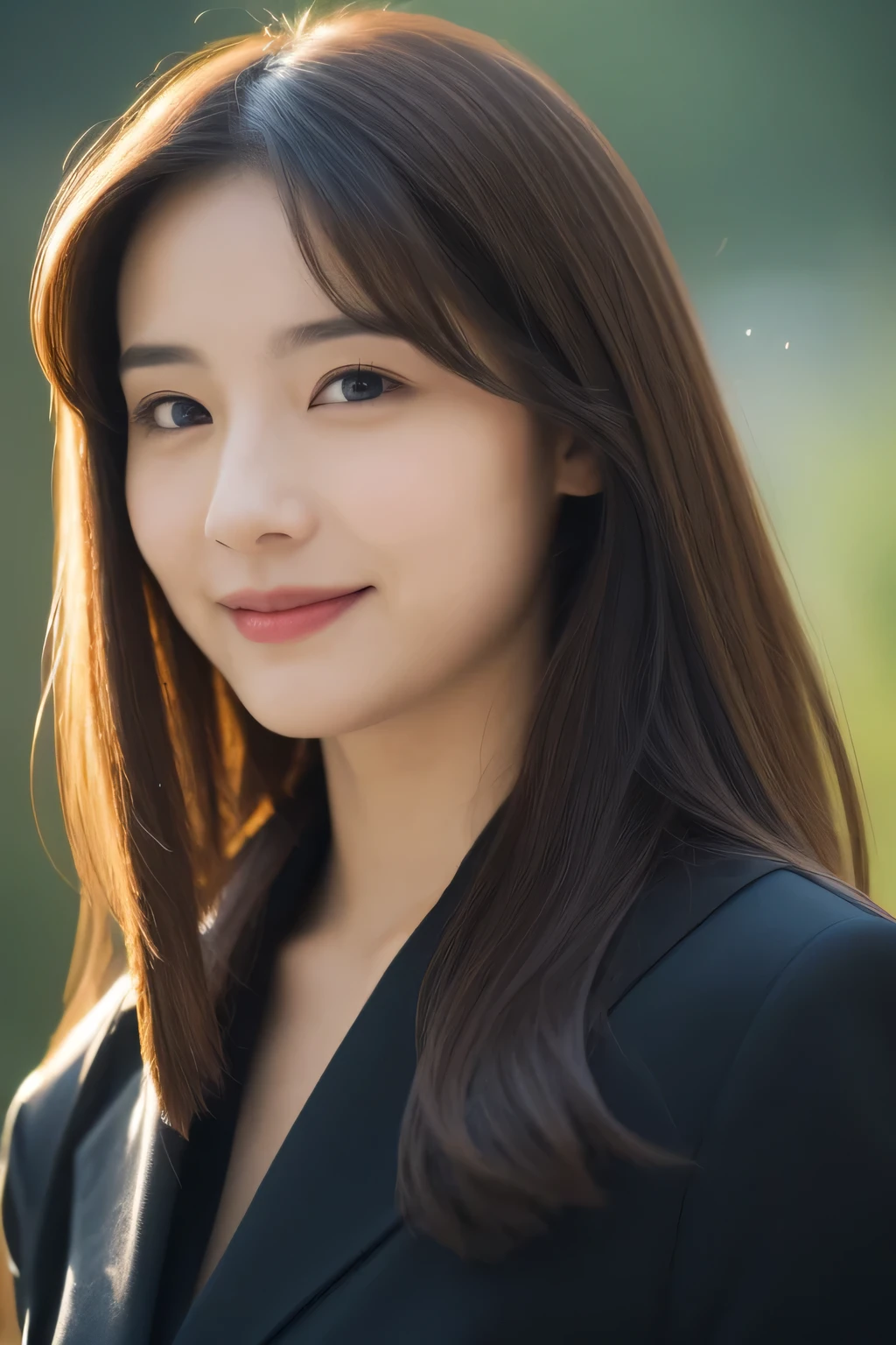 highest quality, realistically, Super detailed, Fine pubic hair, High resolution, 8k wallpaper, 35 year old beautiful woman,light brown messy hair, wear a dark suit, lock focus, perfect dynamic composition, beautiful eyes, delicate hair, 细致realistically的皮肤纹理, smile, close-up portrait, model body shape