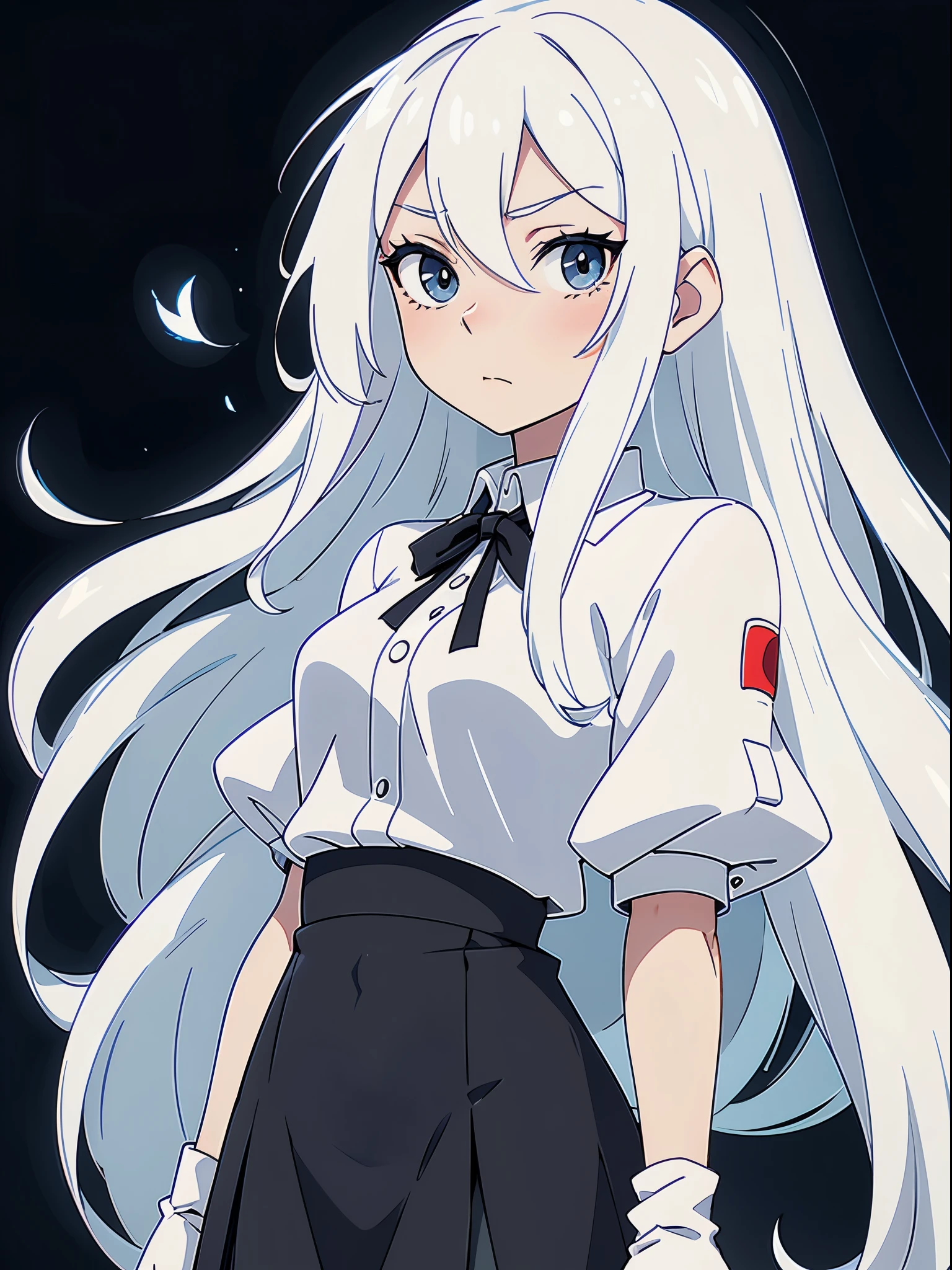 ((White hair)),((Head and Shoulders Image)),(super-long hair),Sexy,A person,Alone,Simple style,pancake ,Simple details,Black background,Empty background,Black background wall,(20 year old woman),(Droopy hair),(White Gloves),Puffy skirt,(Lace Shirt),Lace,((Shy))