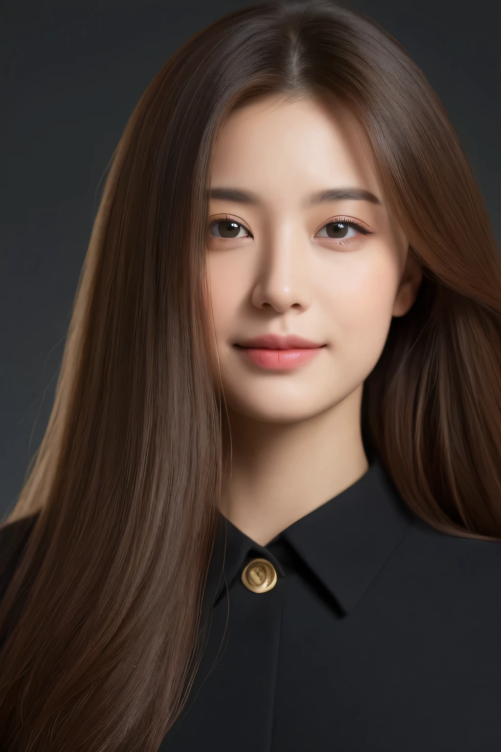 highest quality, realistically, Super detailed, Fine pubic hair, High resolution, 8k wallpaper, 35 year old beautiful woman,light brown messy hair, wear a dark suit, lock focus, perfect dynamic composition, beautiful eyes, delicate hair, 细致realistically的皮肤纹理, smile, close-up portrait, model body shape