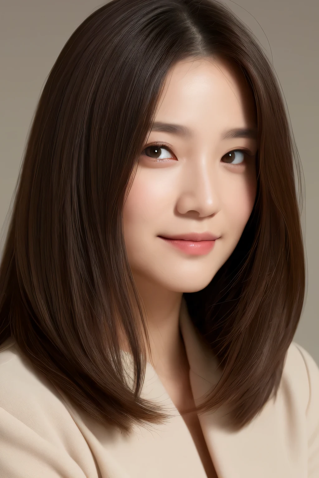 highest quality, realistically, Super detailed, Fine pubic hair, High resolution, 8k wallpaper, 35 year old beautiful woman,light brown messy hair, wear a dark suit, lock focus, perfect dynamic composition, beautiful eyes, delicate hair, 细致realistically的皮肤纹理, smile, close-up portrait, model body shape