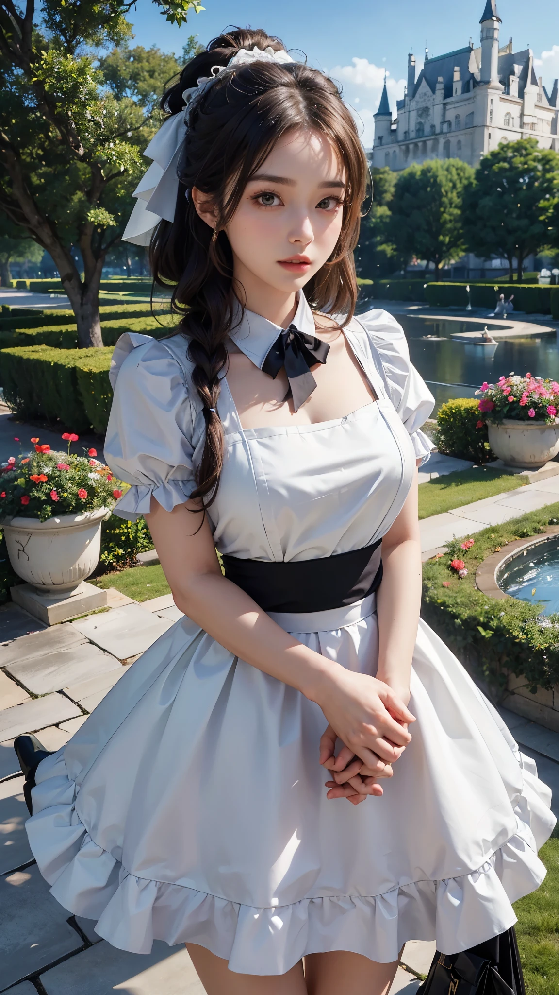 ( highest quality、8K、masterpiece、realistic:1.3 )、 1 woman、( A garden with a classical and prestigious castle in the background )、( Very high quality deep background : 1.2)、nature bright sunlight、blue sky、brown hair tied up、beautiful woman with perfect figure: 1.4、Highly detailed face and skin texture、detailed eyes、double eyelid、very far away : 1.2 、I can see the whole body、white and black maid、White maid headband、ruffle blouse、ribbon tie、apron、high heels 、 ( lift up the skirt with both hands : 1.3 )