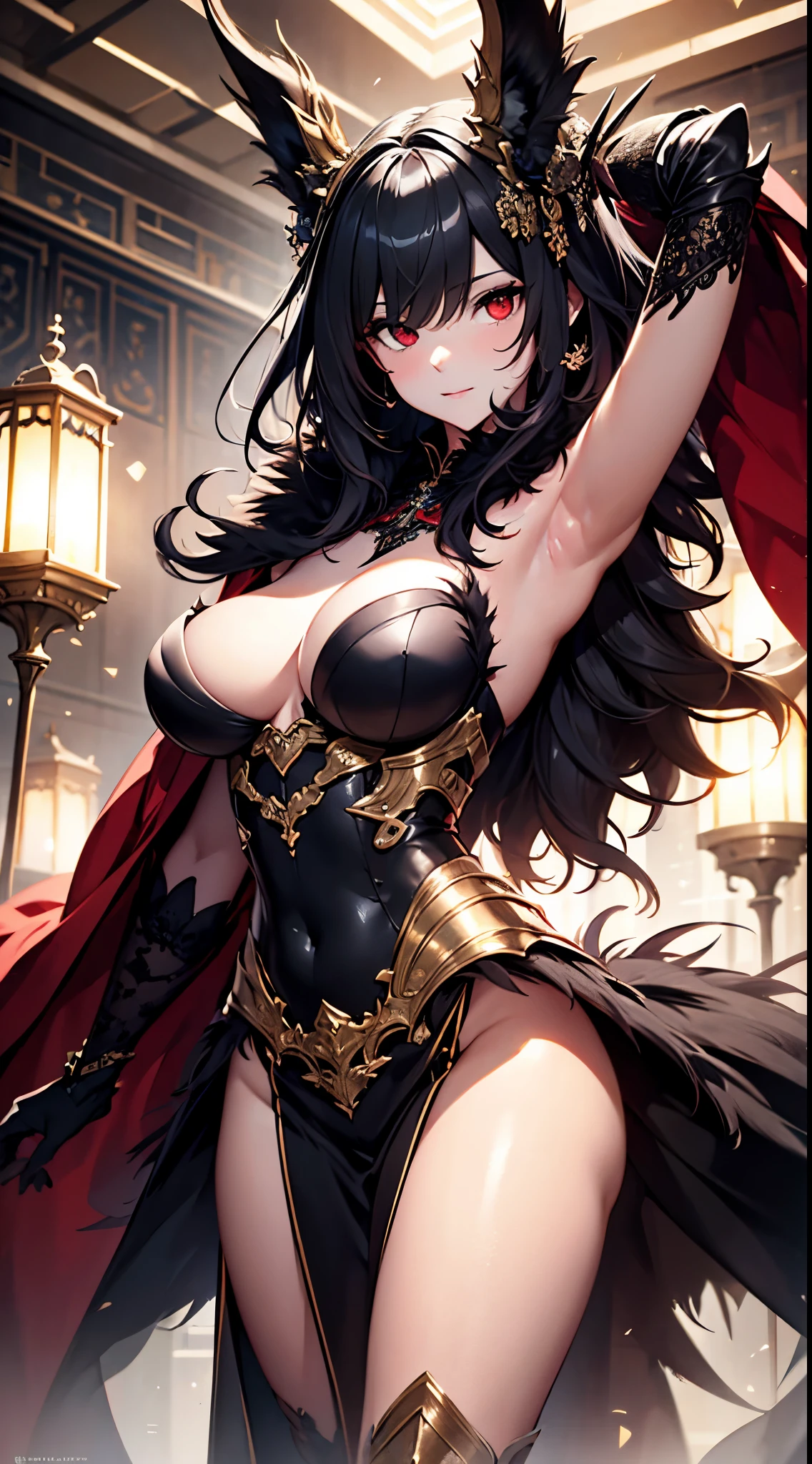 master piece, bokeh, best quality, photorealistic, ultra high resolution, 1 mature female, ultra detailed, (closeup portrait:1.2),

(black fur red cloak:1.2), (long red dress), (black dragon bone full body armor), intricate silver embroidery,

beautiful red eyes, (ultra detailed sexy armpit:1.4), glossy skin, super huge ample breasts,

ruined temple, strong back lighting, volumetric lighting, soft lighting, overhead lighting, dreamy