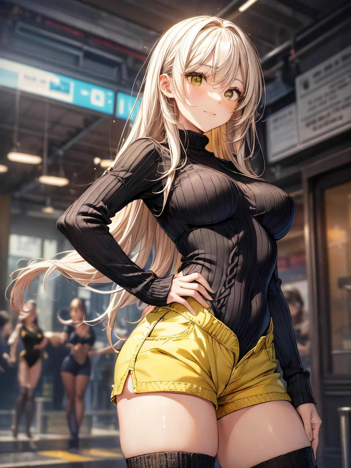 highest quality、all limbs、Refers to the whole、((one beautiful woman))、Beautiful busty woman、(((straight hair woman:1.3)))、long hair、((Blonde haired woman)))、big smile、(((black knit leotard:1.4)))、(((yellow super shorts:1.5)))、garden、Squirting、put your hand on your waist