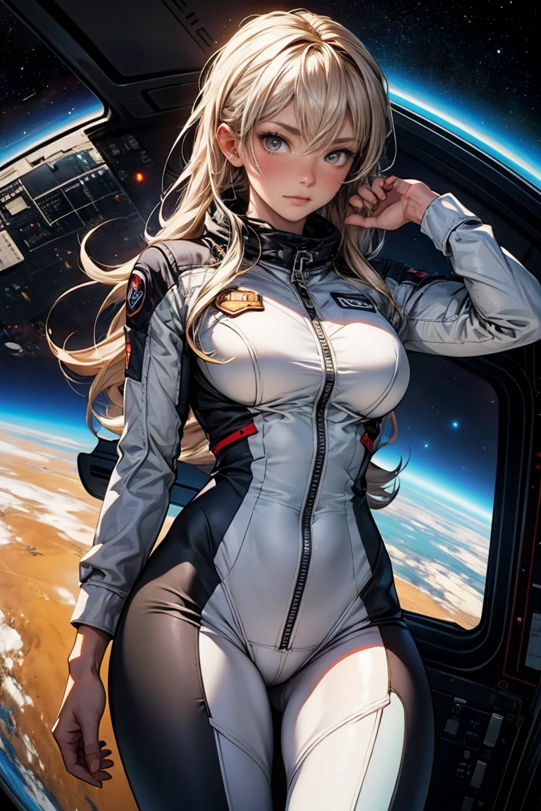 sandy hair fit body large  slender thighs slender waist pilot suit solo looking at viewer in space long hair blushing determination