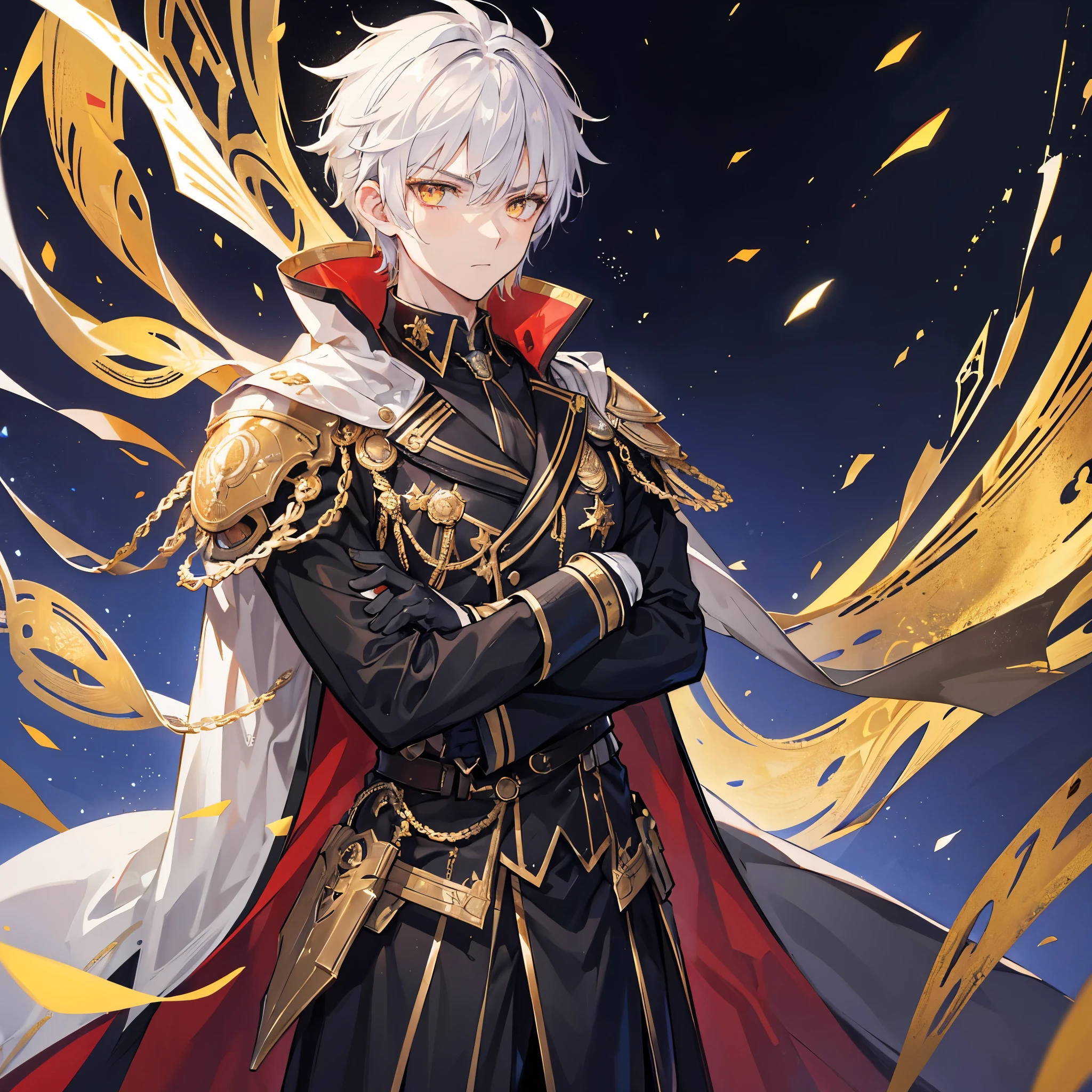 Handsome male, 17 years old, short white hair, glowing golden eyes, galahad from fate, close up, calm expression, stoic, black military clothes, black cape, golden gloves, crossed arms, upper body, looking at viewer, cowboy shot, dark castle background