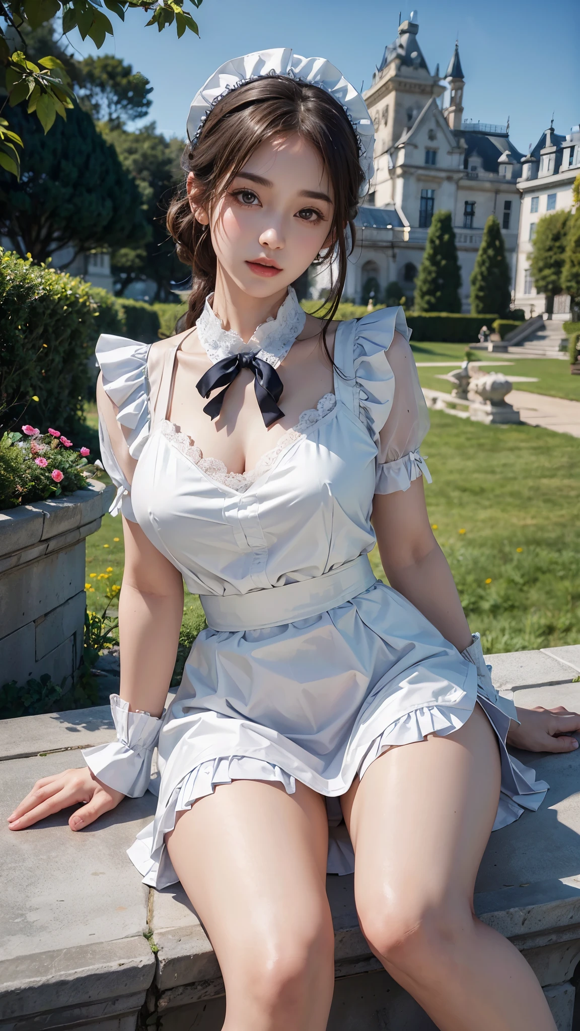 ( highest quality、8K、masterpiece、realistic：1.3 )、 1 woman、( A garden with a classical and prestigious castle in the background )、( Very high quality deep background : 1.2)、nature bright sunlight、blue sky、brown hair tied up、beautiful woman with perfect figure: 1.4、Highly detailed face and skin texture、detailed eyes、double eyelid、very far away : 1.2 、I can see the whole body、white maid、White maid headband、ruffle blouse、ribbon tie、apron、high heels 、 ( Skirt-Lift Show Panties : 1.3 )、lace underwear。