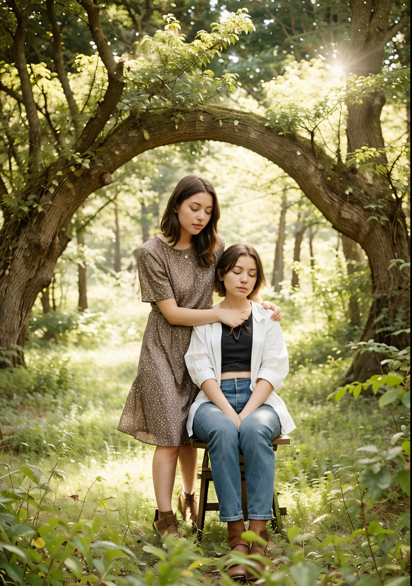 there are two women sitting on a bench in the woods, in the middle of a forest, sitting in the forest, eye closed, girl on the right short hair length