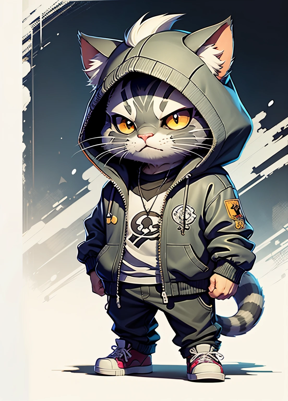 C4tt4stic, Cartoon Kizitora gray cat in jacket and skateboard, black tie,black tie,anime style illustration,anime style illustration