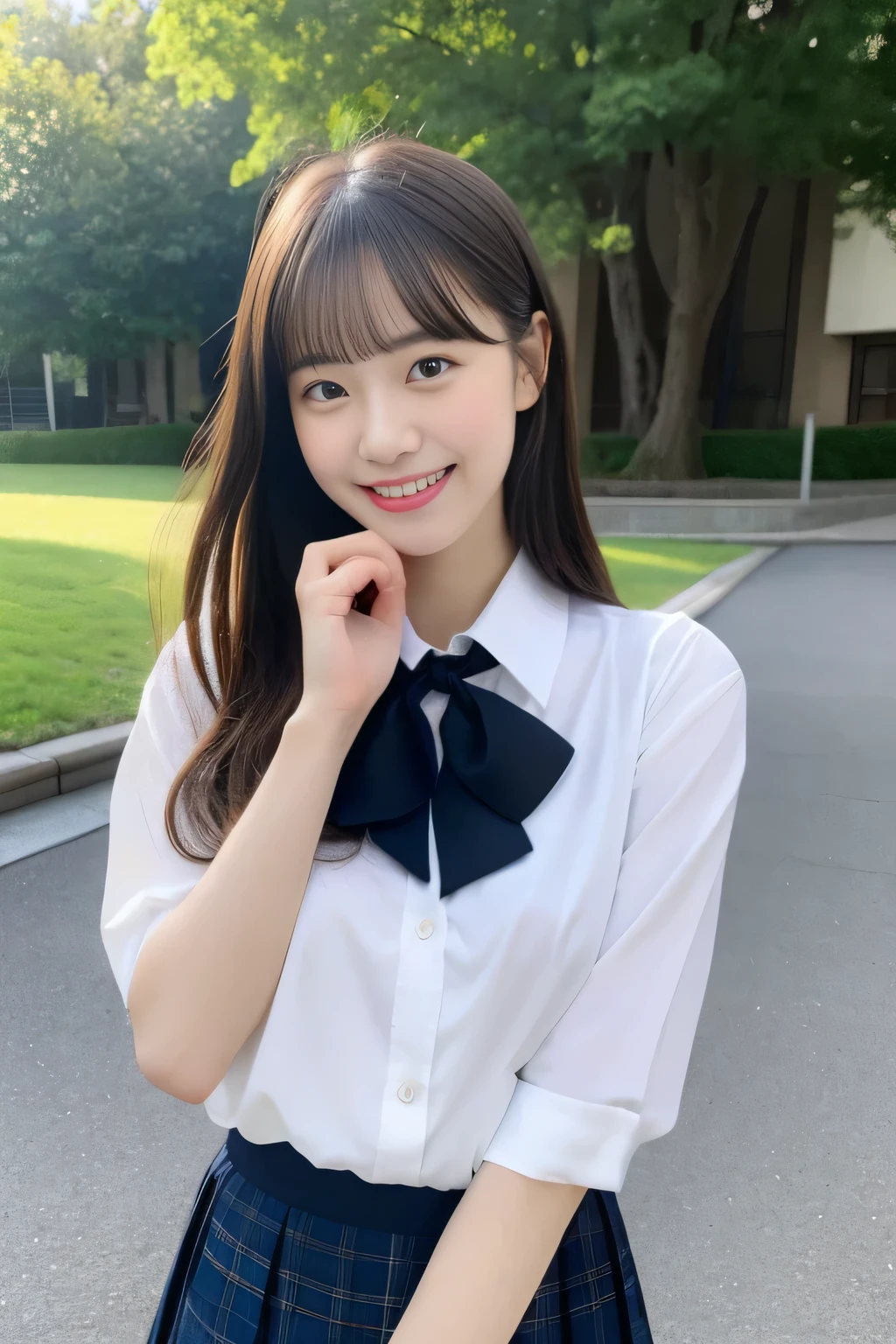 (highest quality, masterpiece, 超High resolution, High resolution, very detailed, High resolutionの顔, clear pictures, HDR:1.5), (20 year old female:1.3), (whole body:1.3), 1 beautiful woman, (Mixed-race beauty Japan:1.5), (beautiful eyes, There'There's a light in my eyes), The facial features are clear, white skin, shiny, とてもwhite skin, shiny skin, (Film Photography Styles:1.3), , school uniform, loose socks, violently fluttering hair, very smiling, cute face, 8 life size, huge breasts