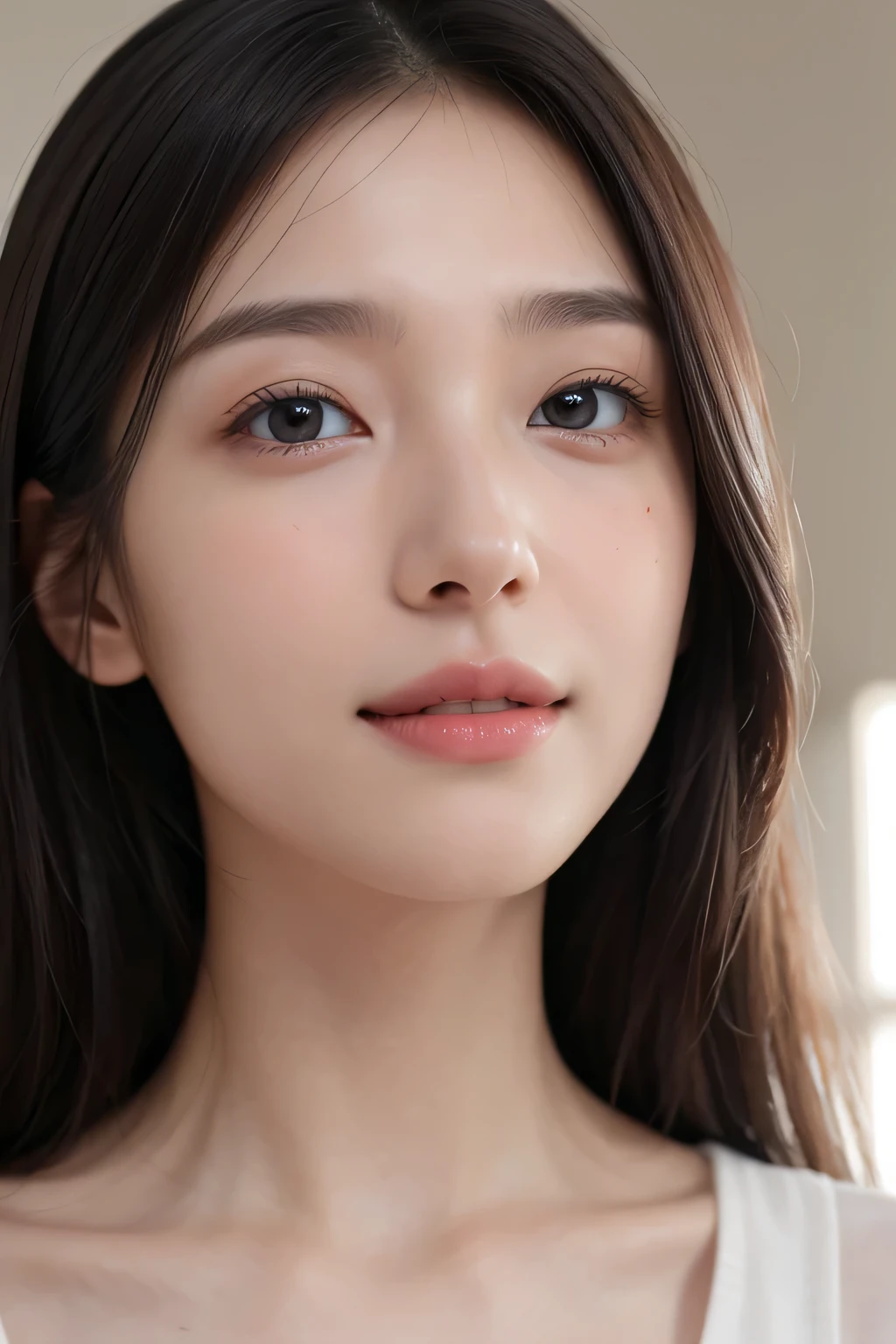 High resolution、、no makeup、long neck、８ｋ、Close-up image of a face、high nose、long jaw、narrow eyes、white skin、intellectual beauty、clear eyes、transparent skin、daily life、smile、real photos、thin lips、National beautiful girl