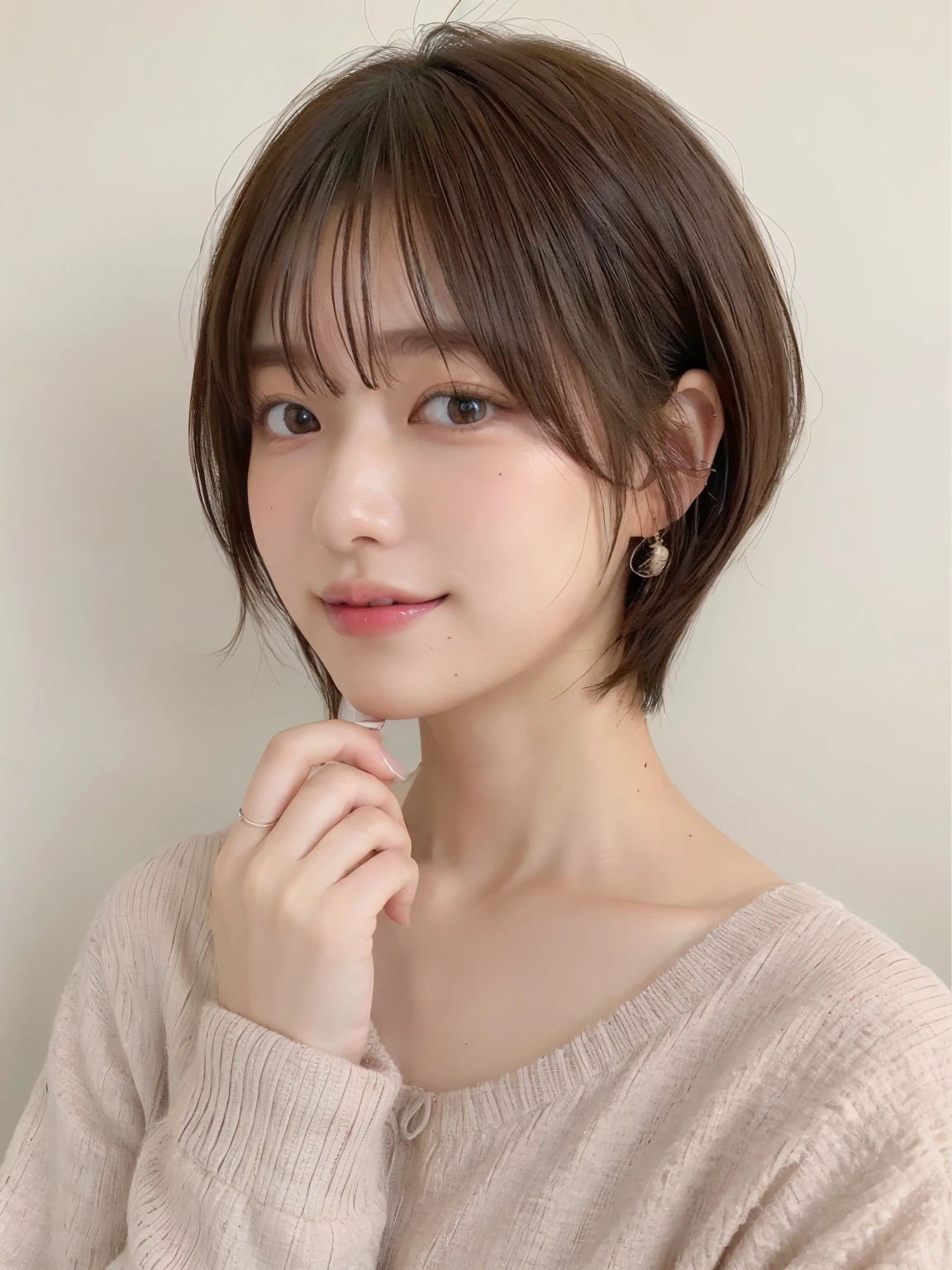 (highest quality、8K、32K、masterpiece、nffsw:1.2)、Photo of a beautiful Japanese woman in her 30s、mature woman、very short hair、short hair、shortcut、Upper body、necklace、shot from above、Don't look at the camera、(realistic、Photoreal:1.37)、1 girl、Shot in natural light、Physically based rendering、excellent image quality、High resolution、1080P、(Detailed facial description)、(Detailed explanation of hands)、(Detailed CG)、Rich details、(exquisite features)、(best image quality)、(masterpiece)、(fine eyes)、delicate clavicle、Versatile poses、profile、white wall、Taken in front of the white door、(窓のあるwhite wallの部屋)、earrings、laughter、Spring clothes、((Long sleeve dresses))