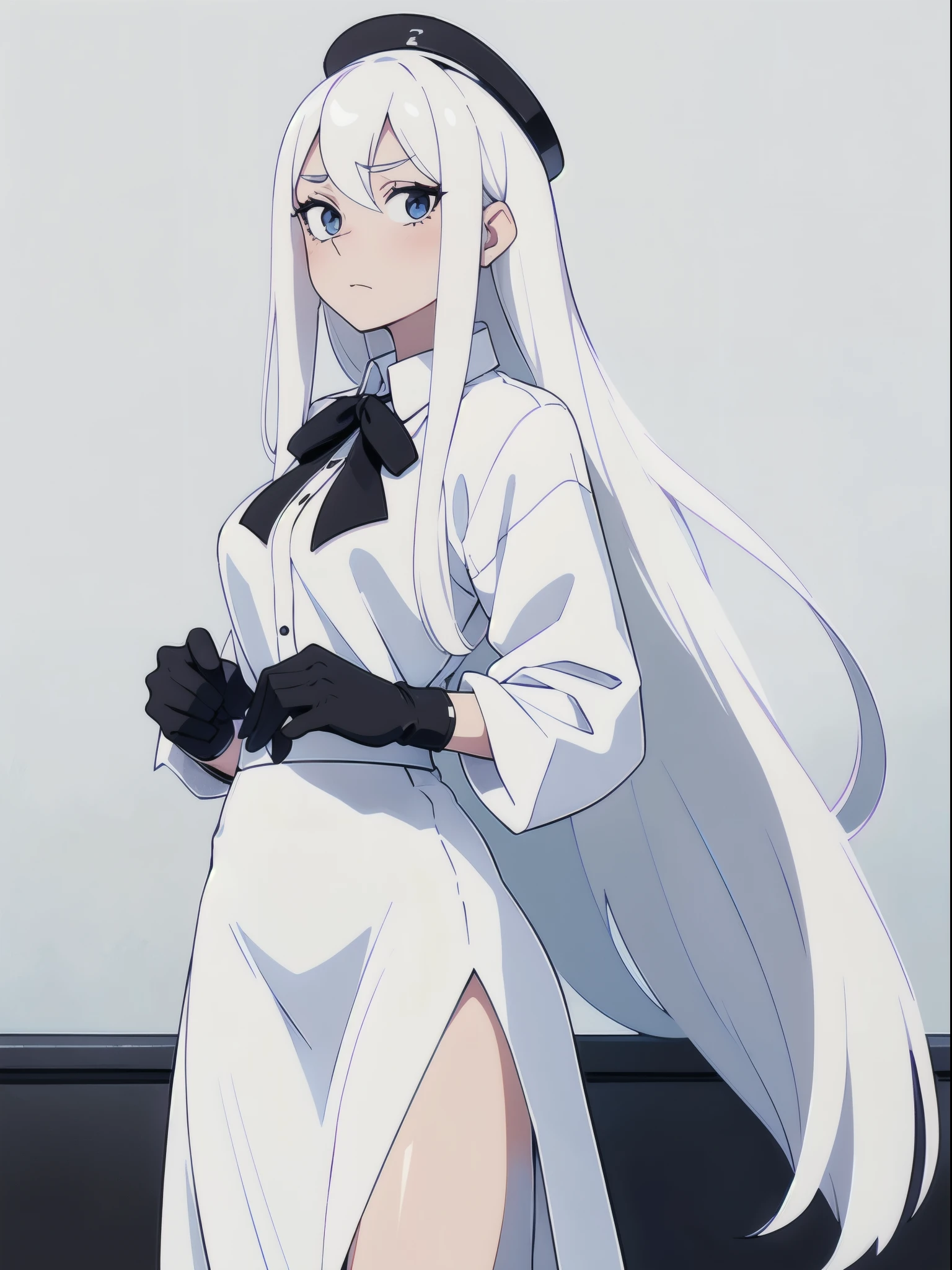 ((White hair)),((Head and Shoulders Image)),(super-long hair),Sexy,A person,Alone,Simple style,pancake ,Simple details,Black background,Empty background,Black background wall,(20 year old woman),(Droopy hair),(White Gloves),Puffy skirt,(Lace Shirt),Lace,((Shy))