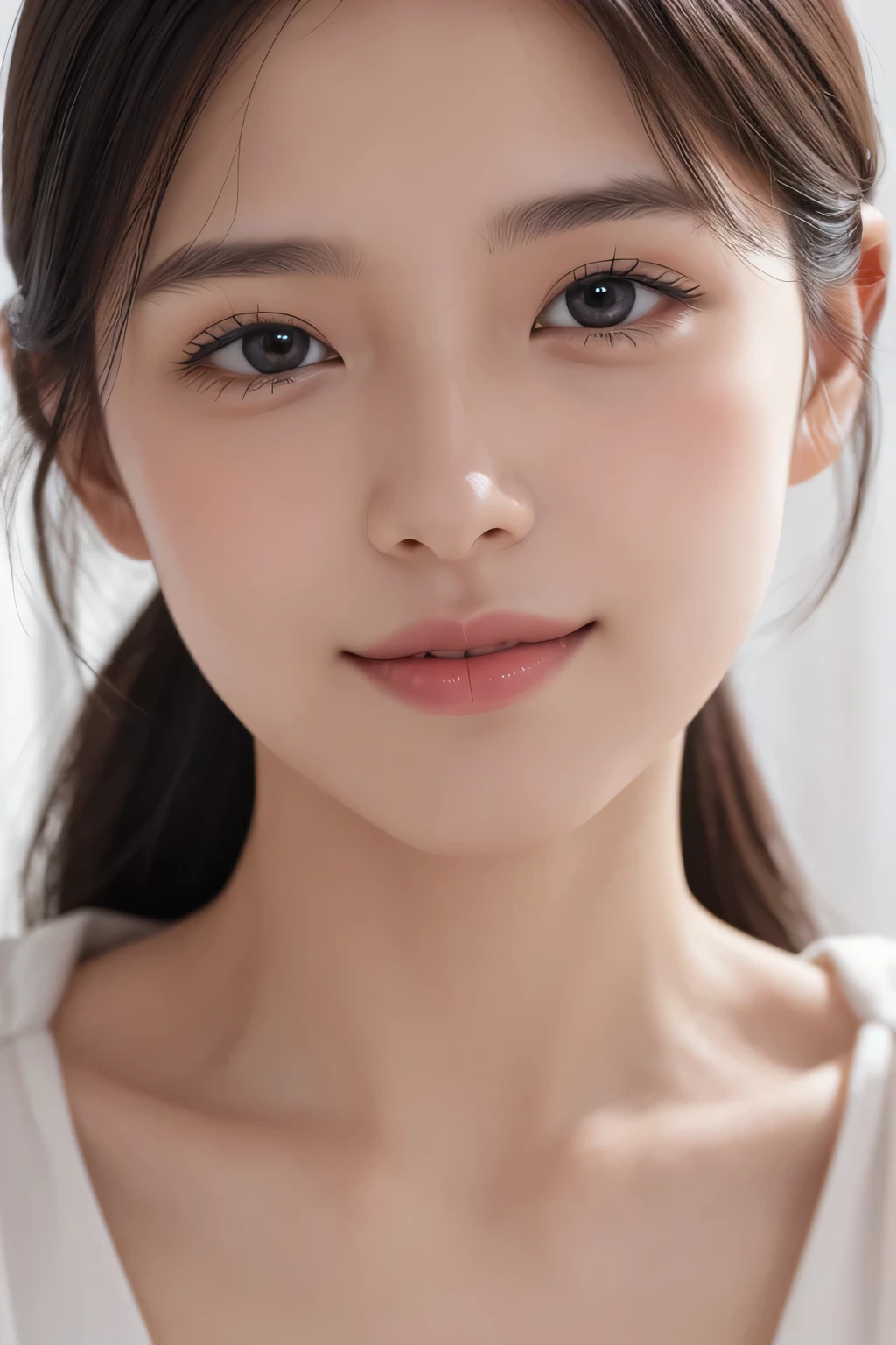 High resolution、、no makeup、long neck、８ｋ、Close-up image of a face、high nose、long jaw、narrow eyes、white skin、intellectual beauty、clear eyes、transparent skin、daily life、smile、real photos、thin lips、National beautiful girl