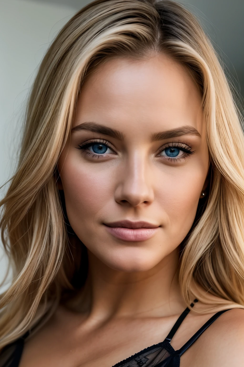 Extremely realistic blonde woman with blue eyes and a black bra top posing for a photo, foto de uma linda mulher, retrato de uma bela modelo, linda mulher loira, Rosto extremamente lindo, lindo rosto atraente, close-up rosto perfeito, linda garota loira, close up de uma mulher loira, rosto bonito e atraente, close-upheadshot impressionante, retrato suave fotografado 8k, lindo rosto perfeito, sardas no rosto