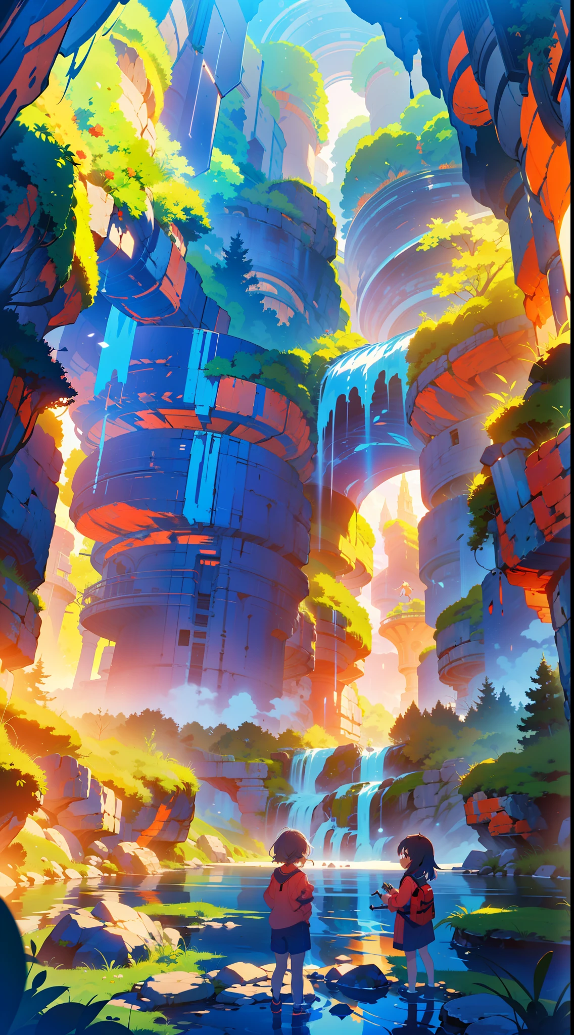 (best quality, 4k, 8k, highres, masterpiece:1.2), ultra-detailed, (anime: 1.2), anime scene of two looking at a waterfall in a cave, makoto shinkai cyril rolando, concept art wallpaper 4k, cave exploration, mythical gigantic space cavern, emotional concept art, magical cave, 4 k resolution concept art, 4 k hd illustrative wallpaper, cyril rolando and goro fujita, rob rey and kentarõ miura