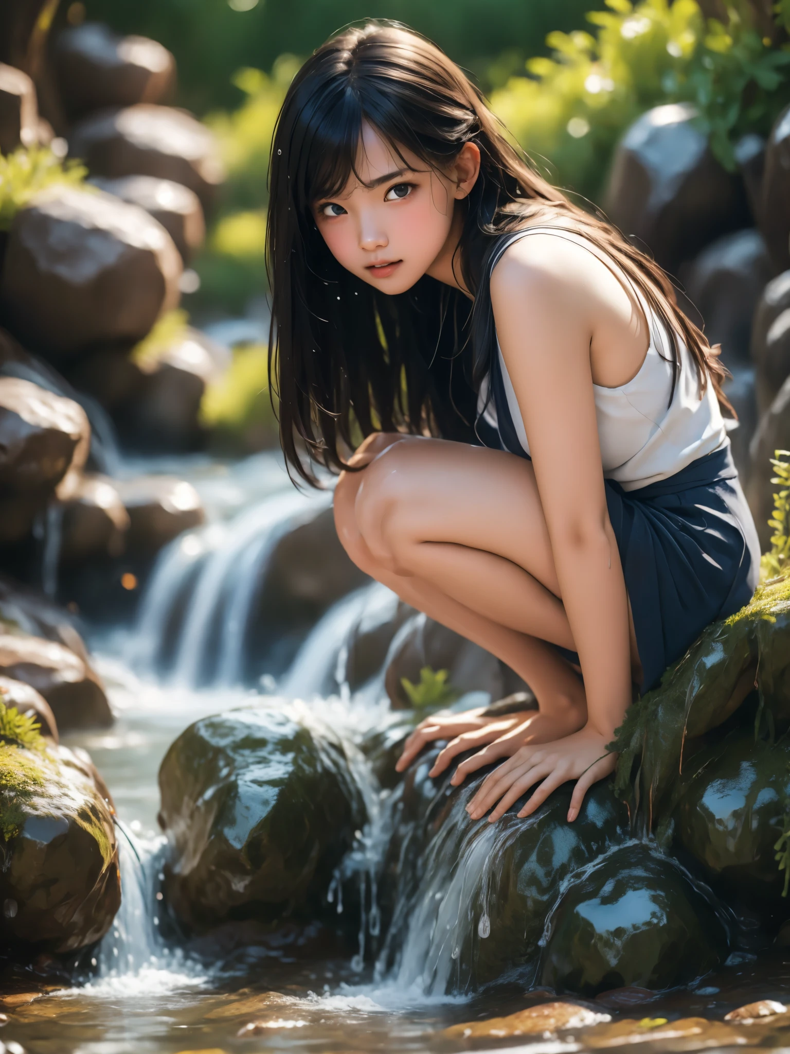 (Top Quality, 8K, High Resolution, masterpiece:1.2), ultra-detailed, realistic, physically based rendering, HDR, colorful lighting, A girl squatting in a stream and splashing water on herself, full body, from below, splash, fractal art, wet body, summer